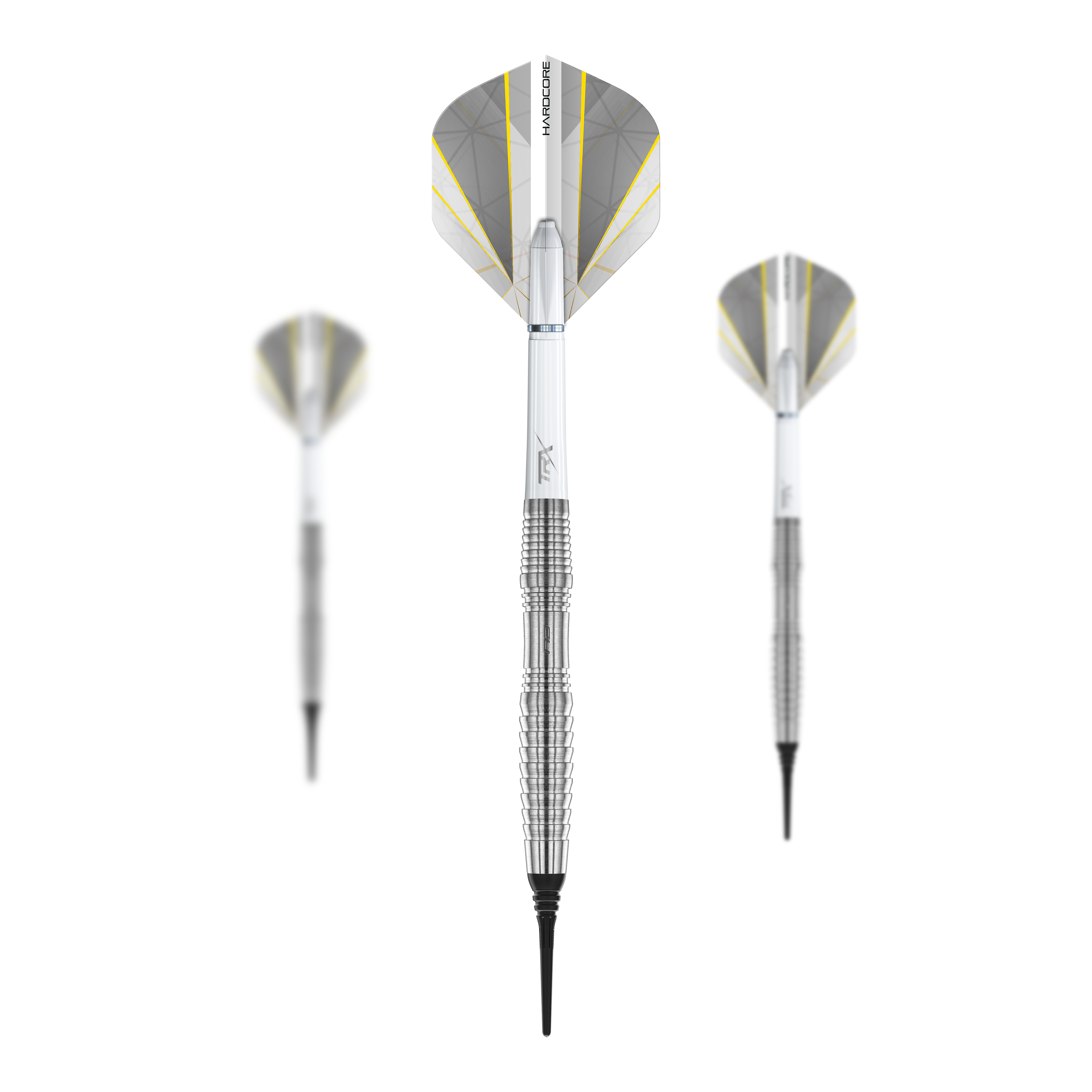 Red Dragon Seren 3 Pure Softdarts - 20g Das Bild zeigt drei Softdarts des Modells "Red Dragon Seren 3 Pure" mit einem Gewicht von 20g. Die Darts sind silberfarben mit weißen und gelben Flights.