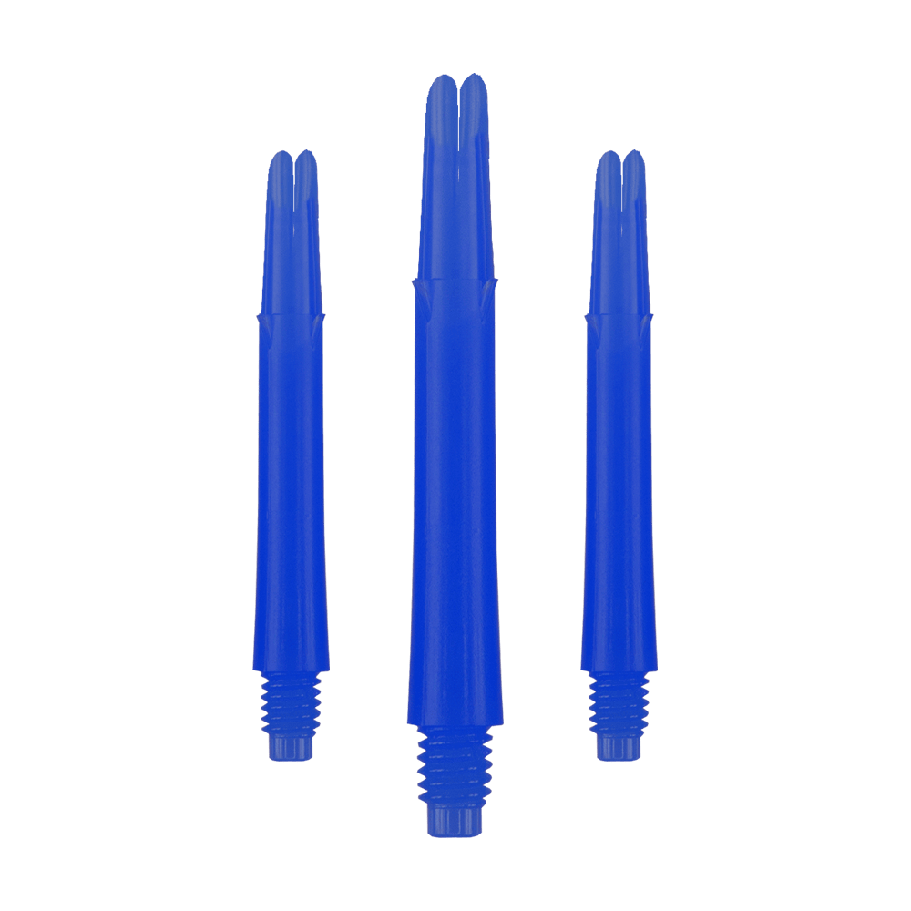 L-L-Style-Shafts Locked Straight - Blauw Auf dem Bild sind drei blaue, gerade Dartschäfte zu sehen. Sie haben ein Schraubgewinde am unteren Ende und sind in einer Reihe angeordnet.