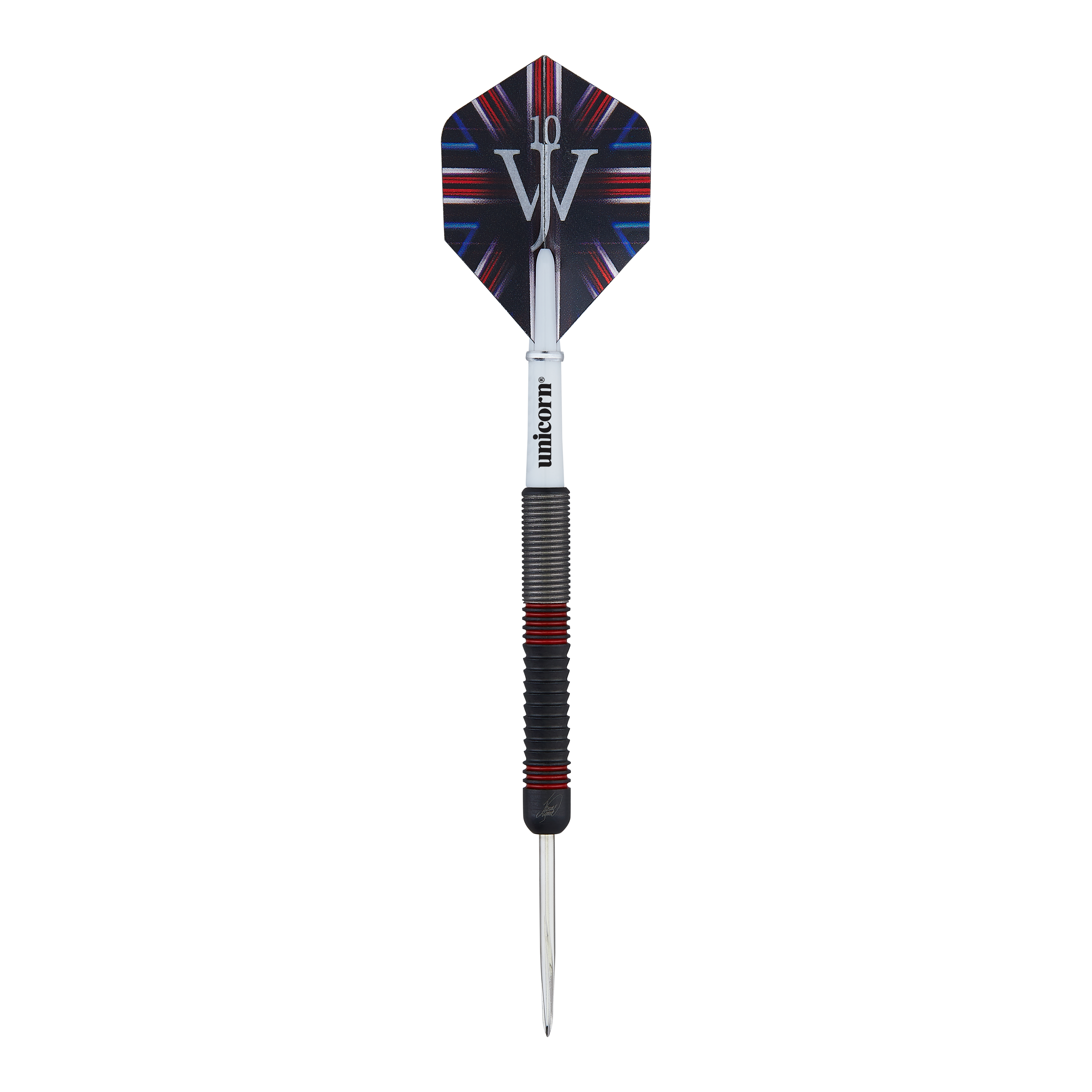 Unicorn The Machine James Wade 80% stalen darts Das Bild zeigt einen Steeldart-Pfeil des Modells "Unicorn The Machine James Wade 80%". Der Dart hat einen schwarzen Schaft mit roten Akzenten und eine Flights mit dem Aufdruck "JW".