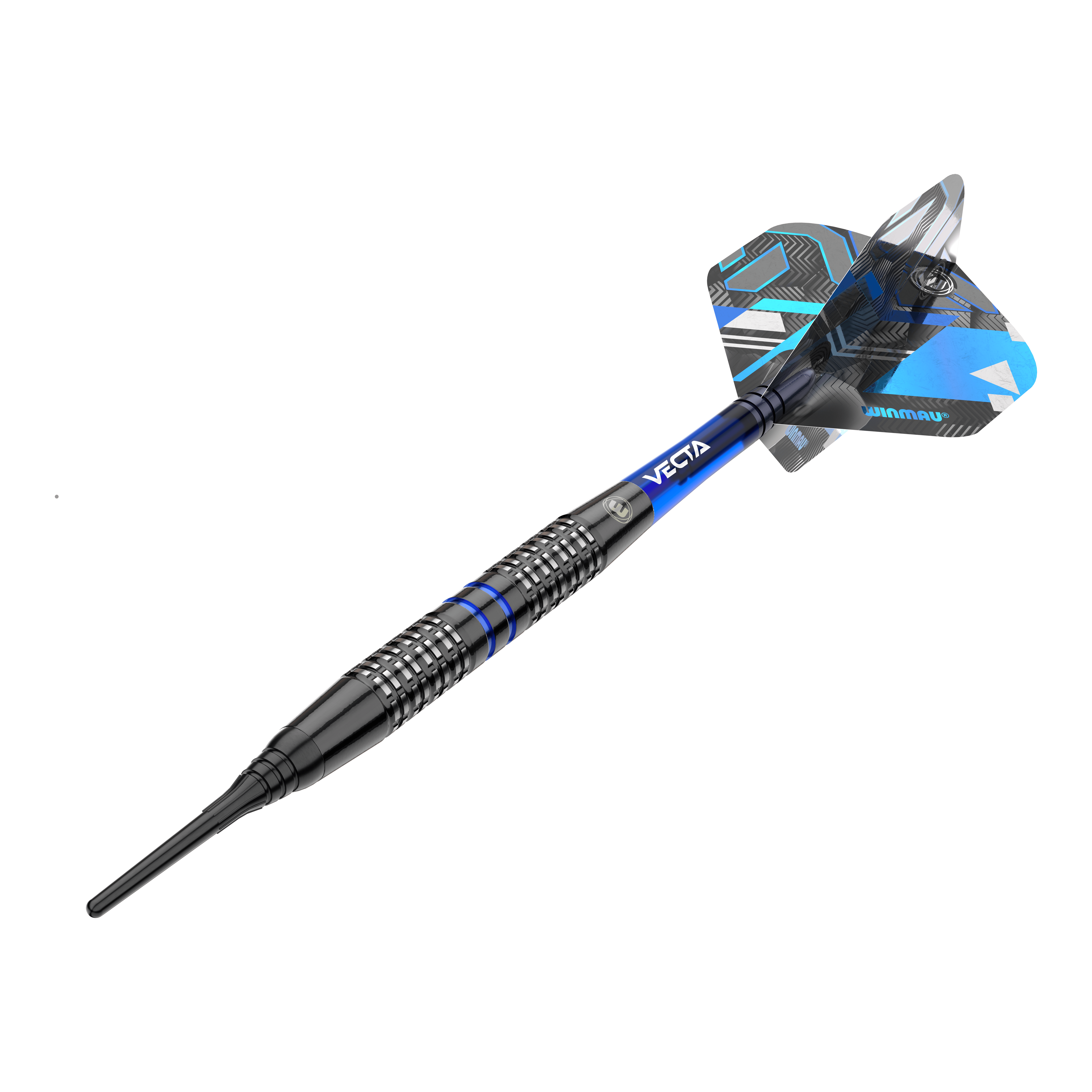 Winmau Galactics zachte darts - 20g Das Bild zeigt einen Winmau Galactics Softdart mit einem Gewicht von 20 Gramm. Der Dart ist überwiegend schwarz mit blauen Akzenten und verfügt über ein modernes Design.