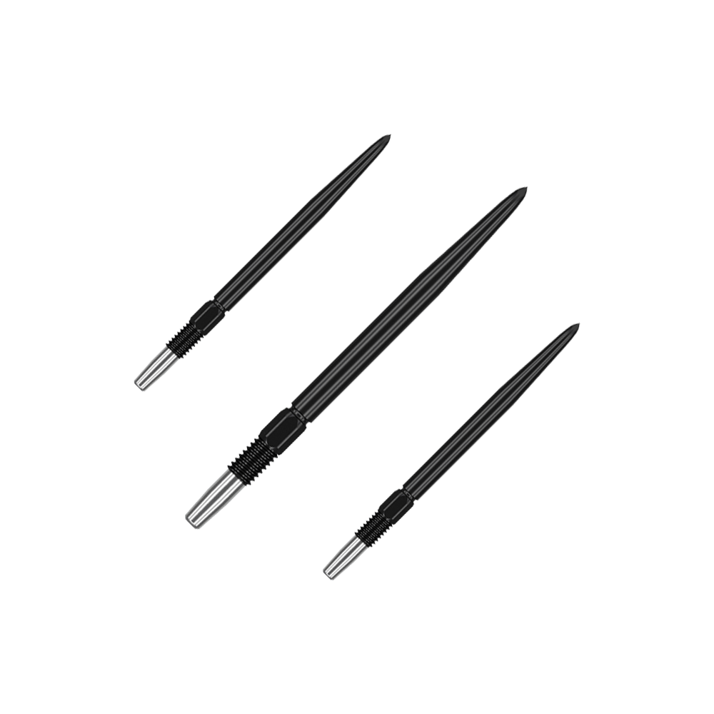 Target Swiss Point Black dartpunten Das Bild zeigt drei schwarze Dartspitzen mit silbernen Gewinden. Sie sind nebeneinander auf grünem Hintergrund angeordnet.