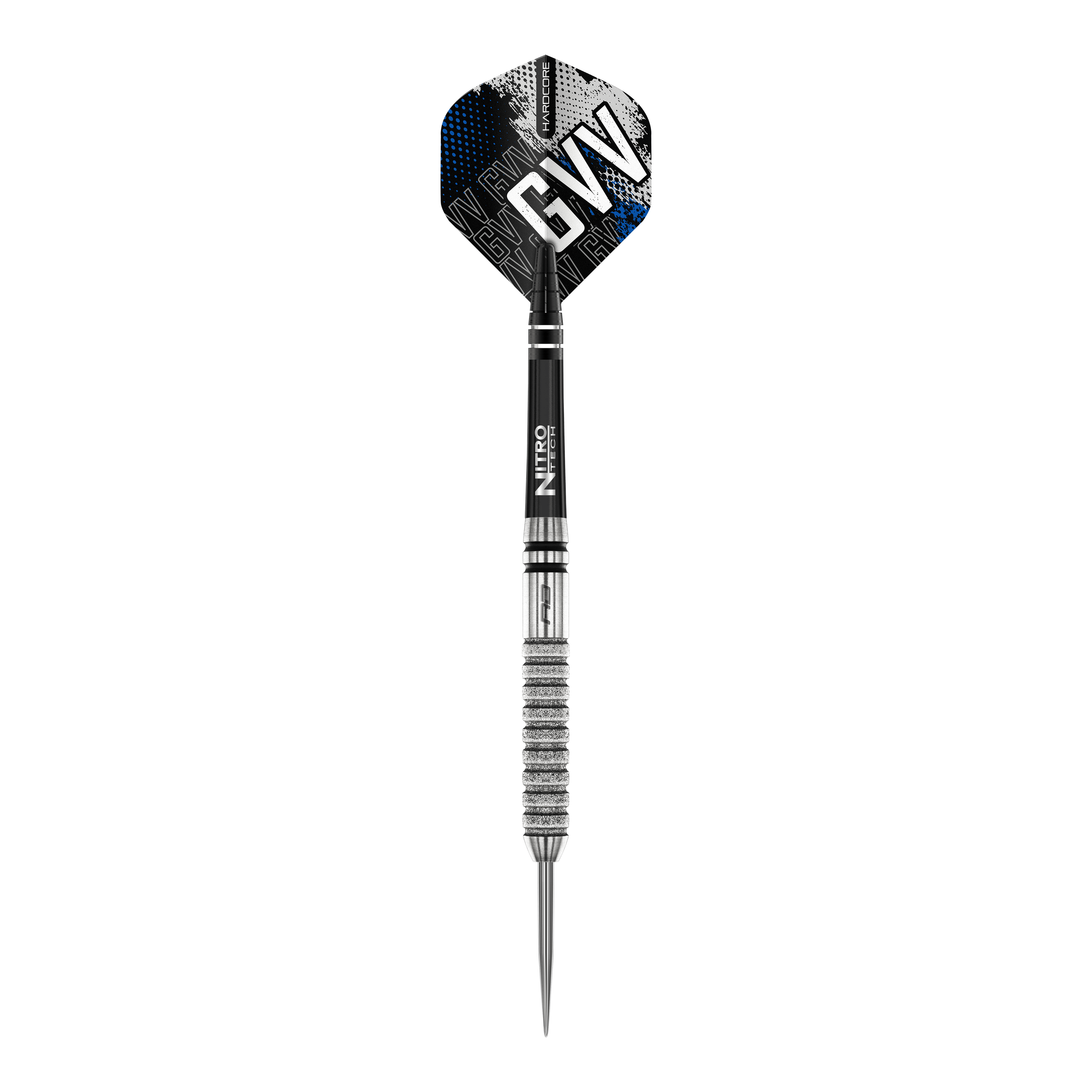 Red Dragon Gian Van Veen Tour Editie Steeldarts - 22g Das Bild zeigt einen Red Dragon Gian Van Veen Tour Edition Steeldart mit einem Gewicht von 22 Gramm. Der Dartpfeil hat ein silbernes, gerilltes Barrel und ein schwarzes Flight mit der Aufschrift „GVV“.
