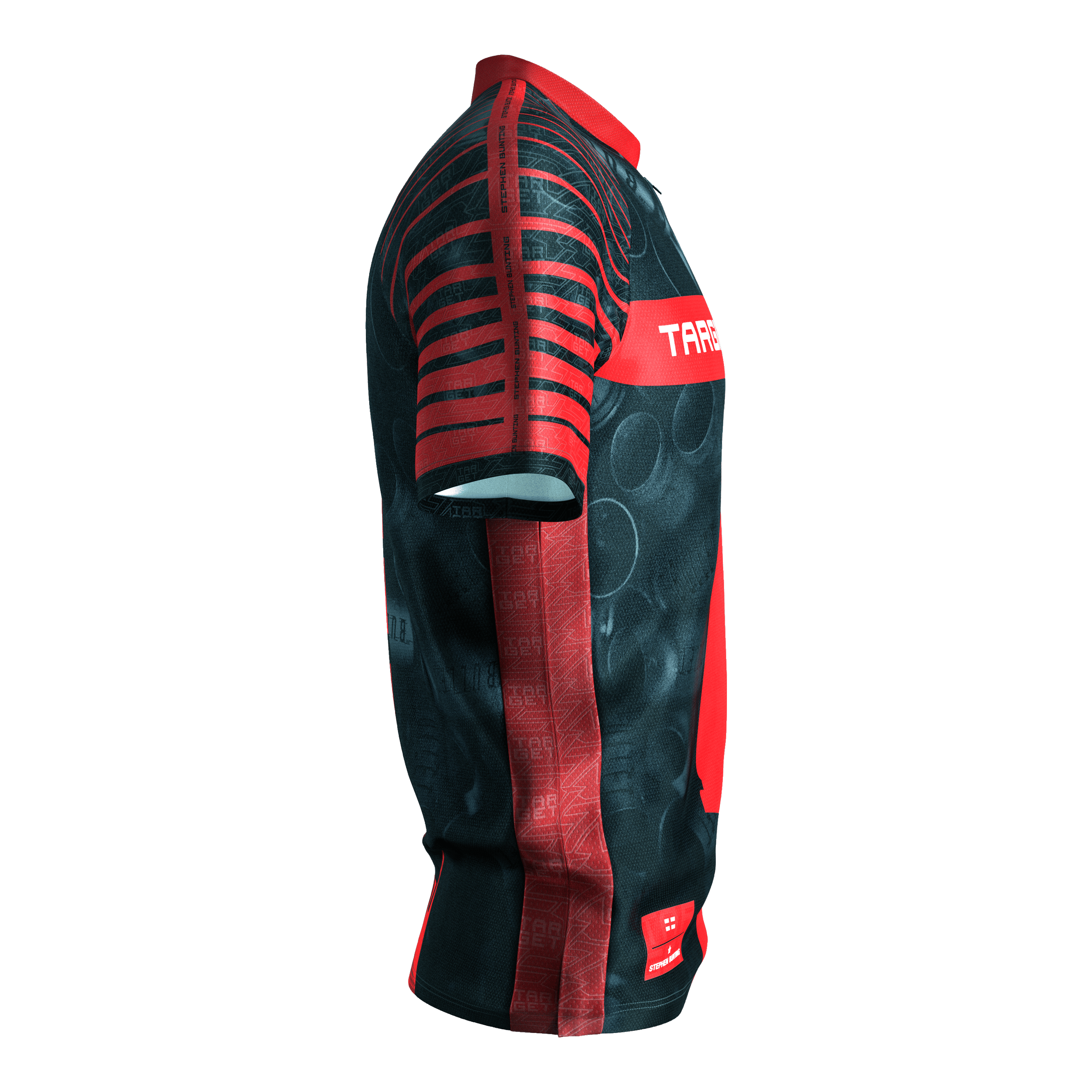 Target Coolplay Stephen Bunting 2025 dartshirt Das Bild zeigt das "Target Coolplay Stephen Bunting 2025 Dartshirt" aus seitlicher Perspektive. Das Shirt ist überwiegend schwarz mit auffälligen roten Streifen und Mustern.