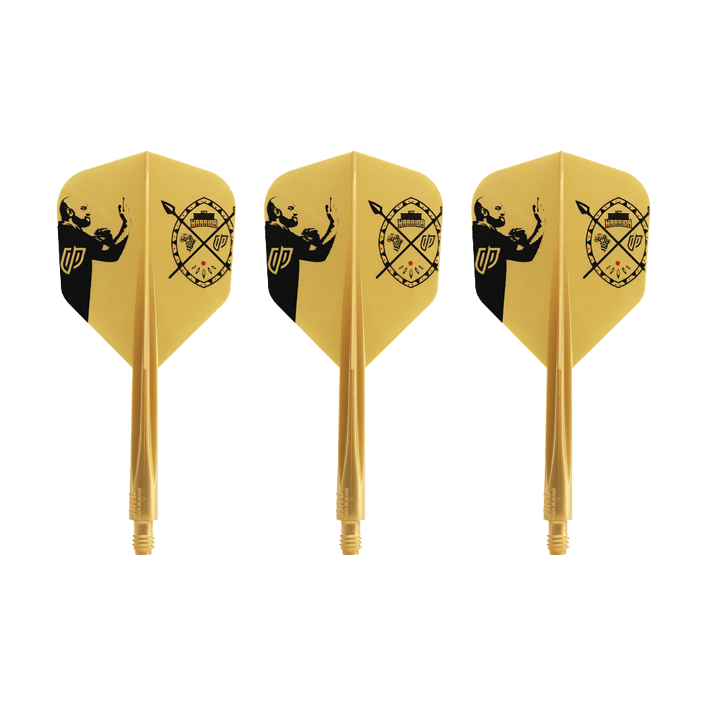 Das Bild zeigt drei gelbe Dart-Flights mit schwarzem Motiv und Aufdruck. Es handelt sich um das Produkt "Condor AXE Devon Petersen Inspiration Flight-System - Small".