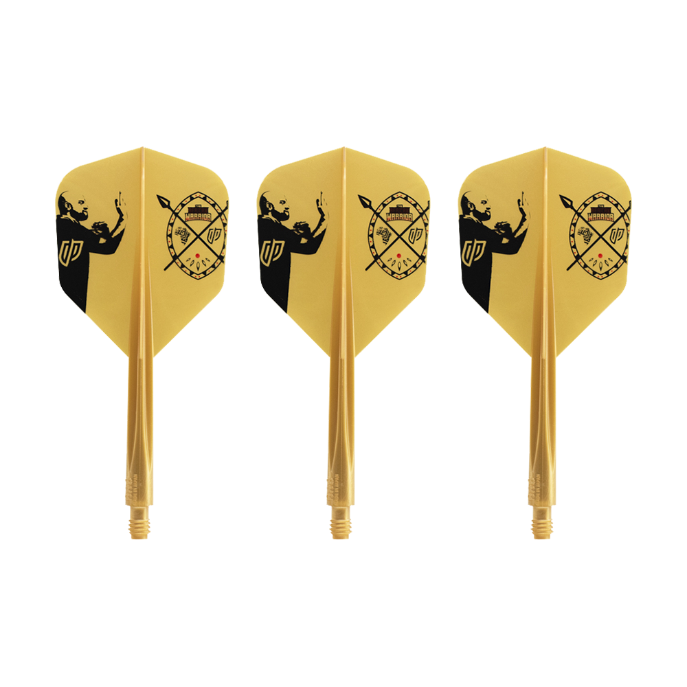 Condor AXE Devon Petersen Inspiration Flight-System - Small Das Bild zeigt drei gelbe Dart-Flights mit schwarzem Motiv und Aufdruck. Es handelt sich um das Produkt "Condor AXE Devon Petersen Inspiration Flight-System - Small".