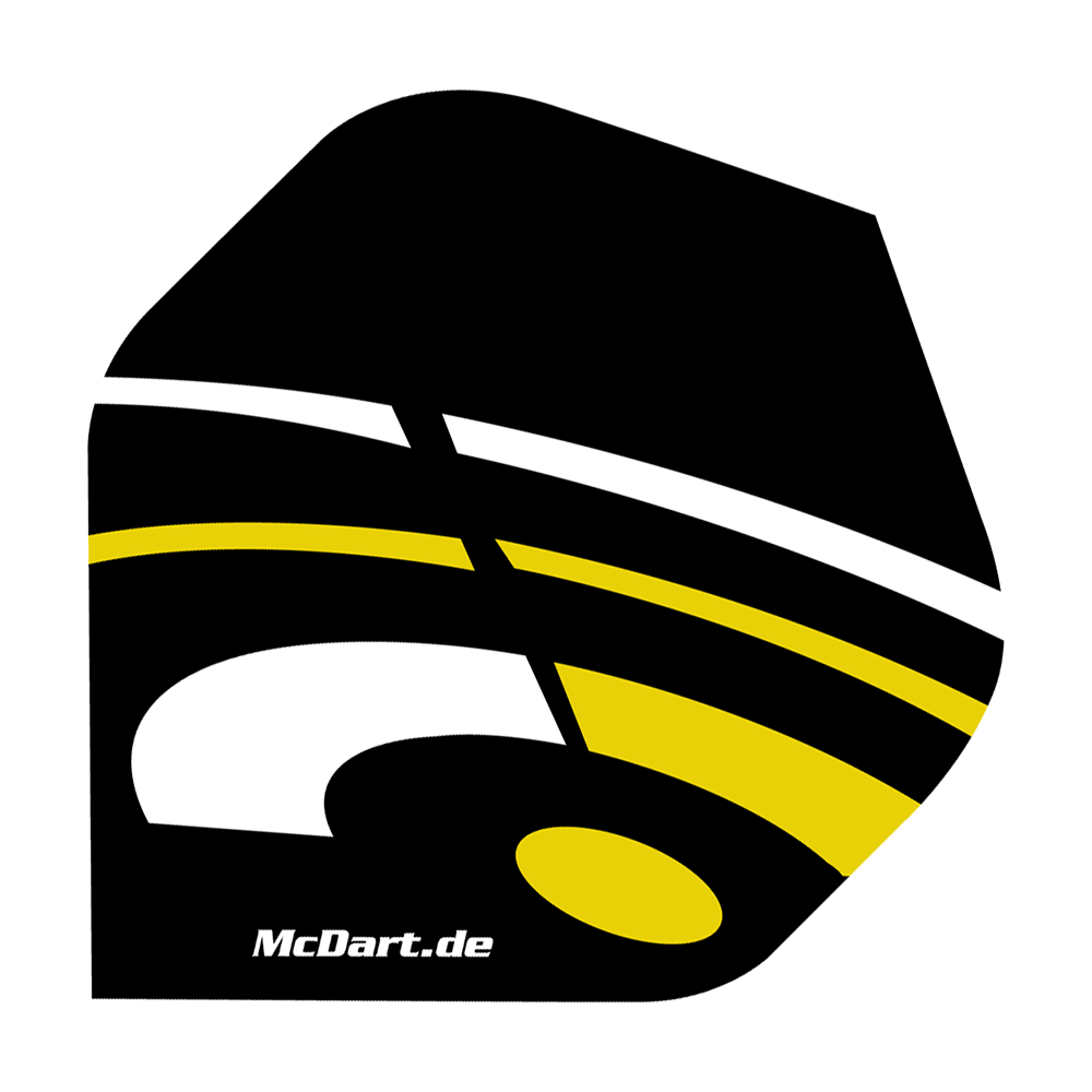 McDart ID Standaardvluchten - Geel Das Bild zeigt ein McDart ID Standard Flight in den Farben Schwarz, Gelb und Weiß. Auf dem Flight ist auch die Webseite "McDart.de" aufgedruckt.