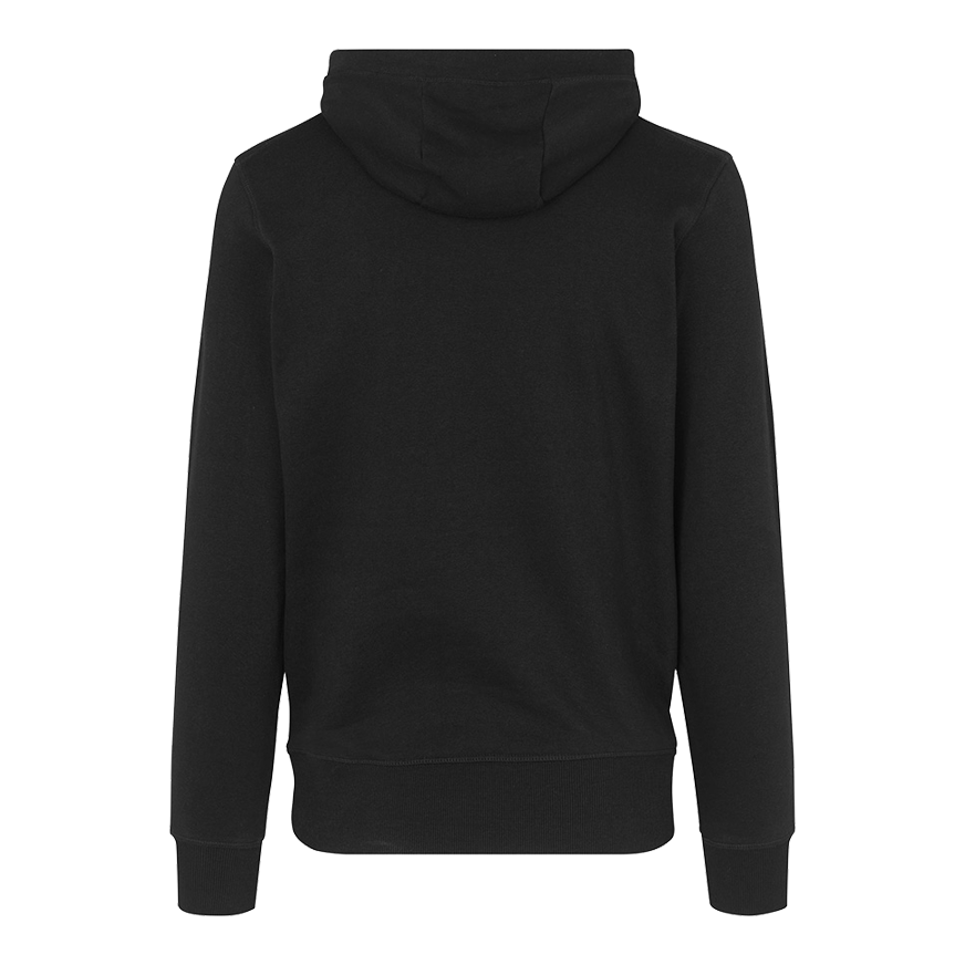 Vaten en schachten hoodie - zwart Auf dem Bild ist ein schwarzer Hoodie von hinten zu sehen. Der Hoodie hat eine Kapuze und lange Ärmel.