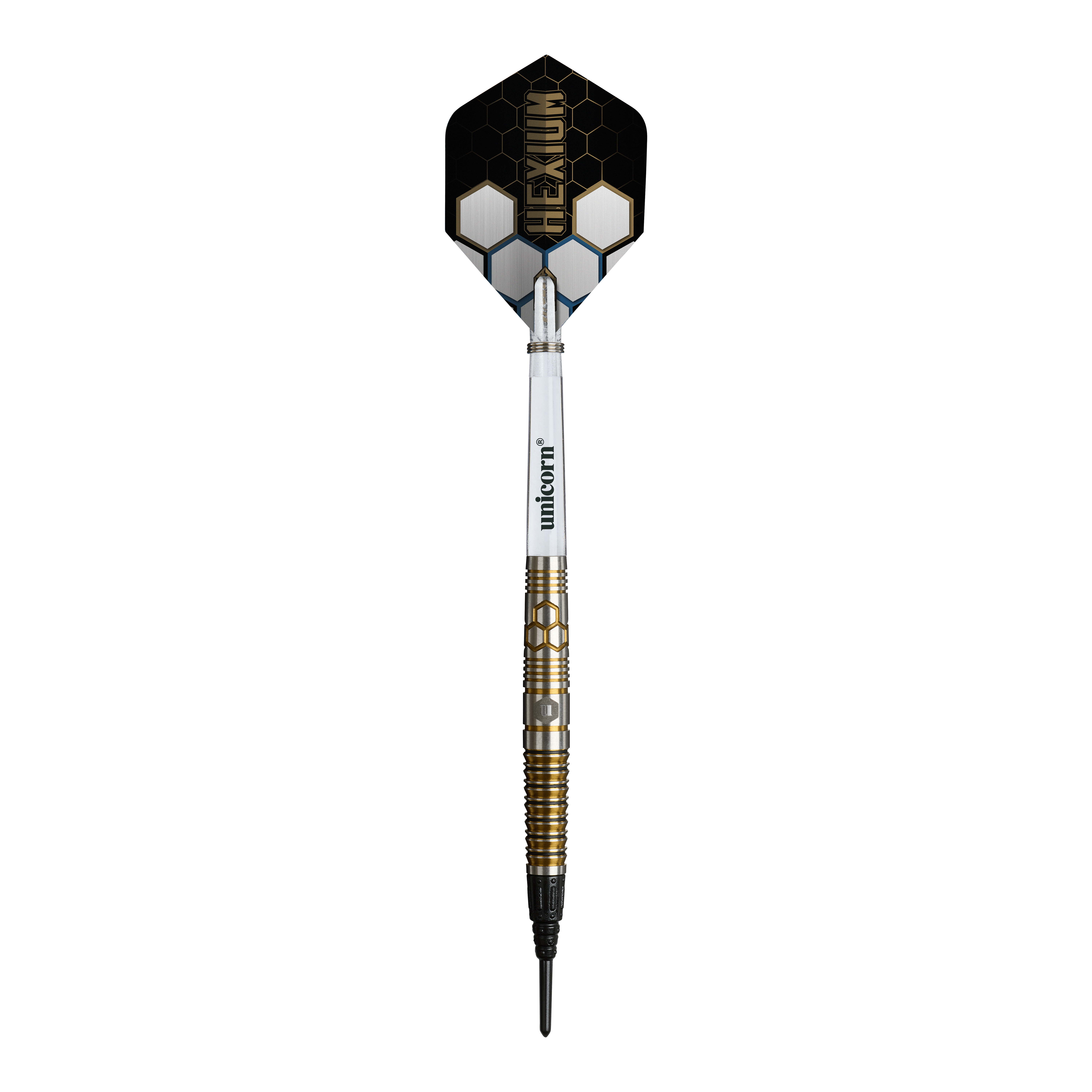 Unicorn Hexium Style 03 Goud & Zwart Soft Darts - 23 g Das Bild zeigt die Unicorn Hexium Style 03 Gold & Black Softdarts mit 23g Gewicht. Die Darts sind in den Farben Gold und Schwarz gestaltet.
