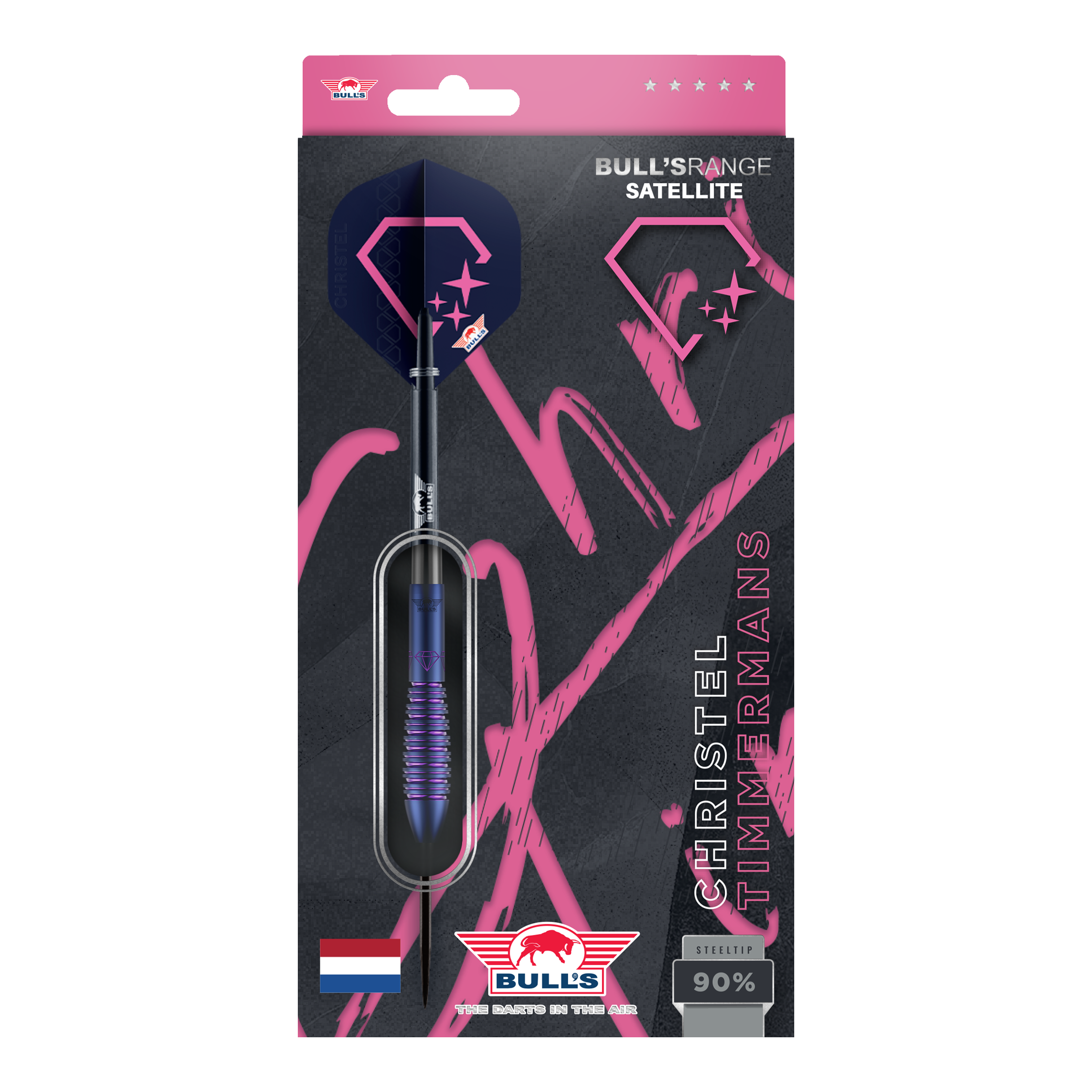 Bulls NL Christel Timmermans Satellite 90 stalen darts 25g Die Bulls NL Christel Timmermans Satellite 90 Steeldarts 25g sind auf dem Bild abgebildet. Es handelt sich um hochwertige Steeldarts für Präzision und Leistung.