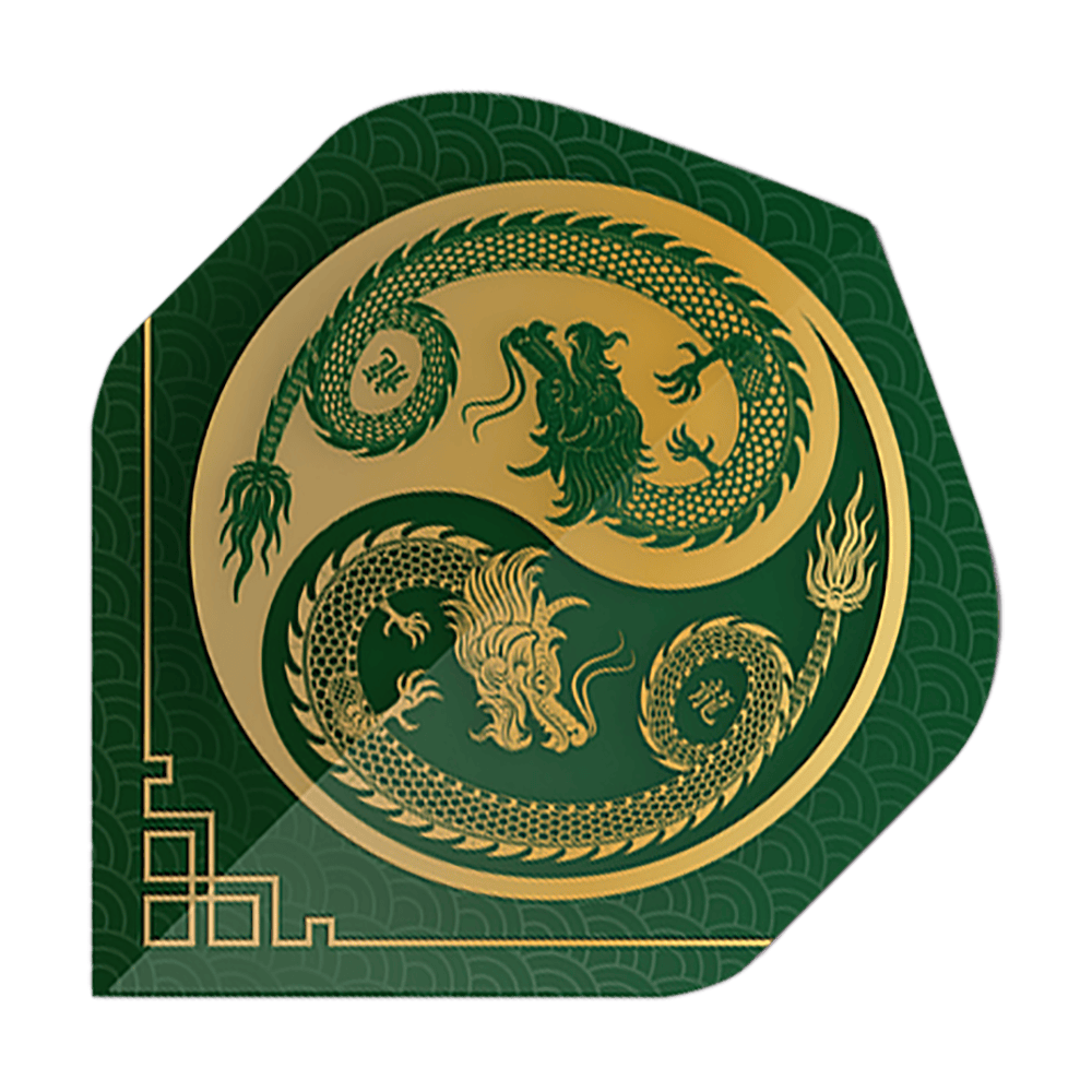 Pentathlon Vluchten Draakgroen Das Bild zeigt einen Pentathlon Dragon 3 Standard Flight in Grün mit einem goldenen Drachenmotiv. Das Design ist detailreich und erinnert an ein asiatisches Kunstwerk.
