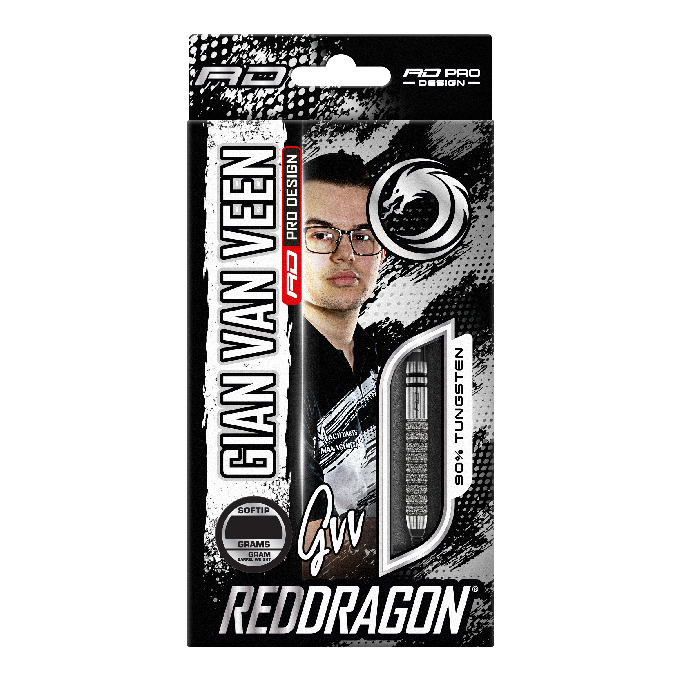 Red Dragon Gian Van Veen Tour Edition Softdarts - 20g Auf dem Bild ist die Verpackung der "Red Dragon Gian Van Veen Tour Edition Softdarts - 20g" zu sehen. Die Packung zeigt ein Porträt von Gian Van Veen und ein Sichtfenster mit einem Dartpfeil.
