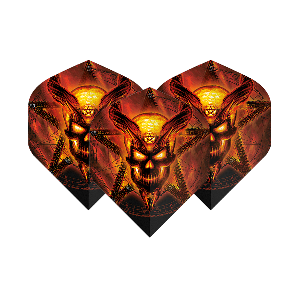 Alchemy Burning Temple No2 Standaardvluchten Die Abbildung zeigt drei Dart-Flights mit einem brennenden, dämonischen Totenkopf-Design vor einem Pentagramm. Die Farben sind hauptsächlich feuriges Rot und Gelb, was dem Produkt ein auffälliges und dramatisches Aussehen verleiht.
