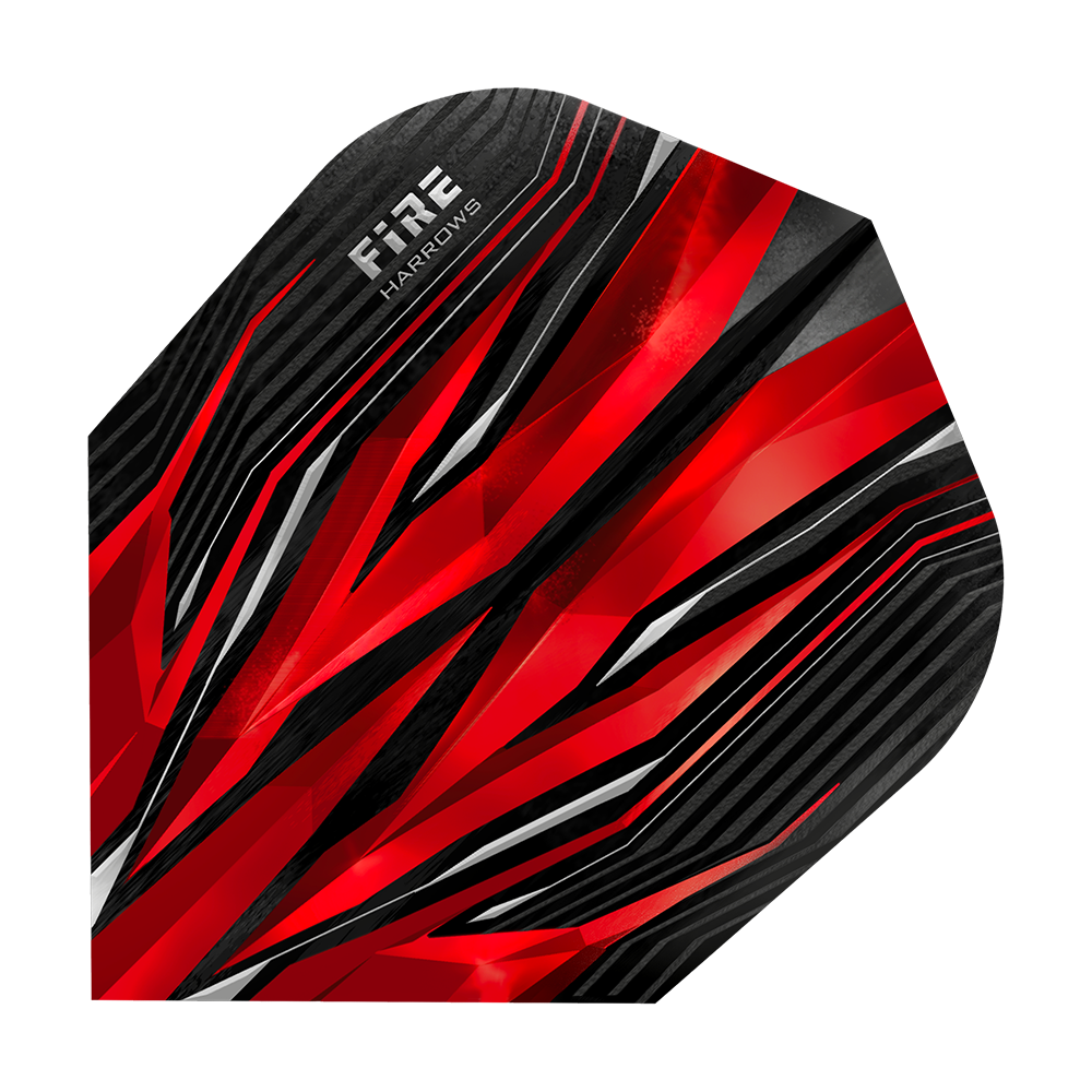 HR1_Harrows_Fire_Red_Standard_Flights_1Tl705vunaS1Pg Dies ist ein Harrows Fire Red Standard Flight für Darts. Das Design zeigt auffällige rote, schwarze und weiße Linien mit einem modernen, dynamischen Muster.