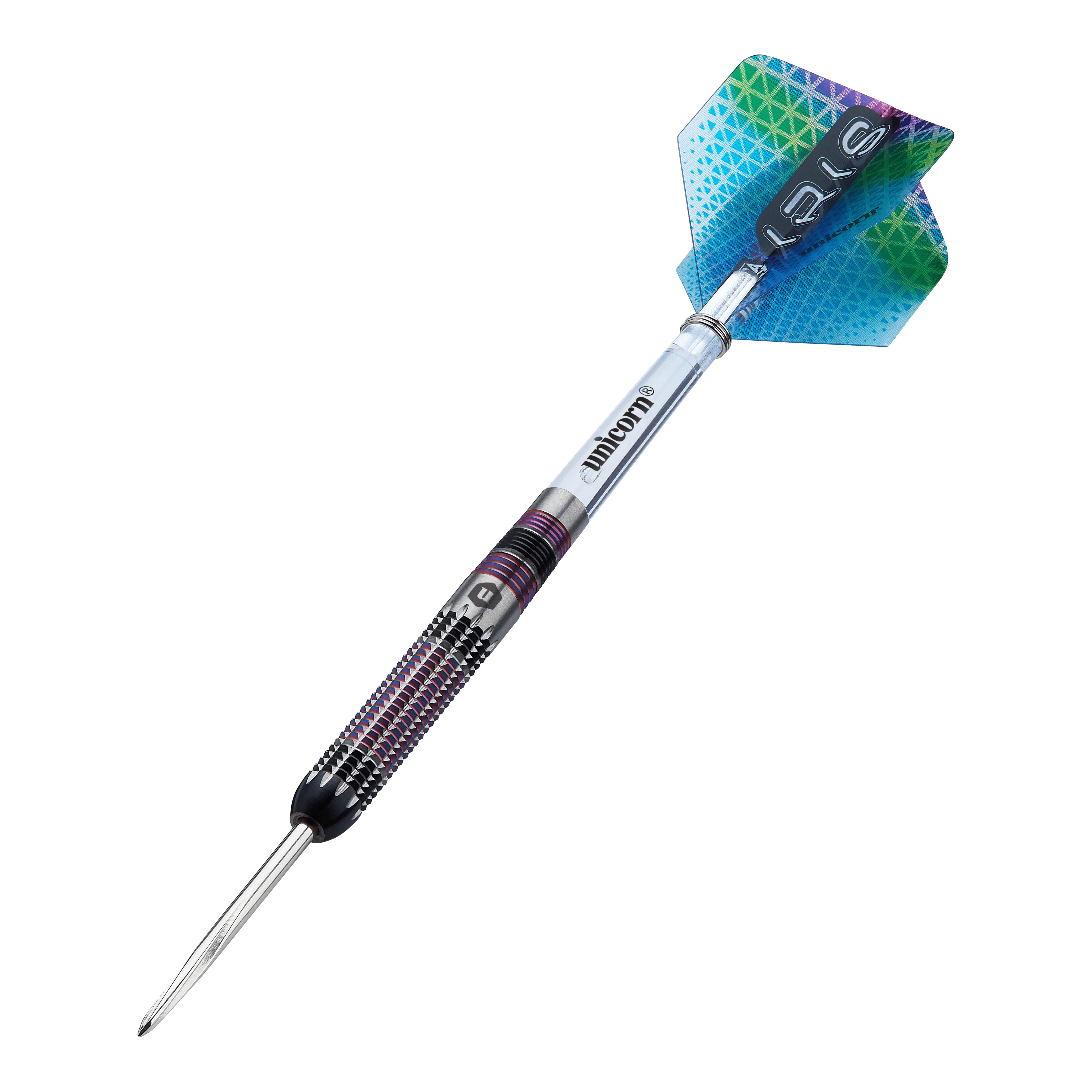Unicorn Iris Steeldarts Dies ist ein Unicorn Iris Steeldart mit einer farbigen Spitze und einem strukturierten Griff. Die Flights haben ein buntes, geometrisches Muster in Blau und Grün.