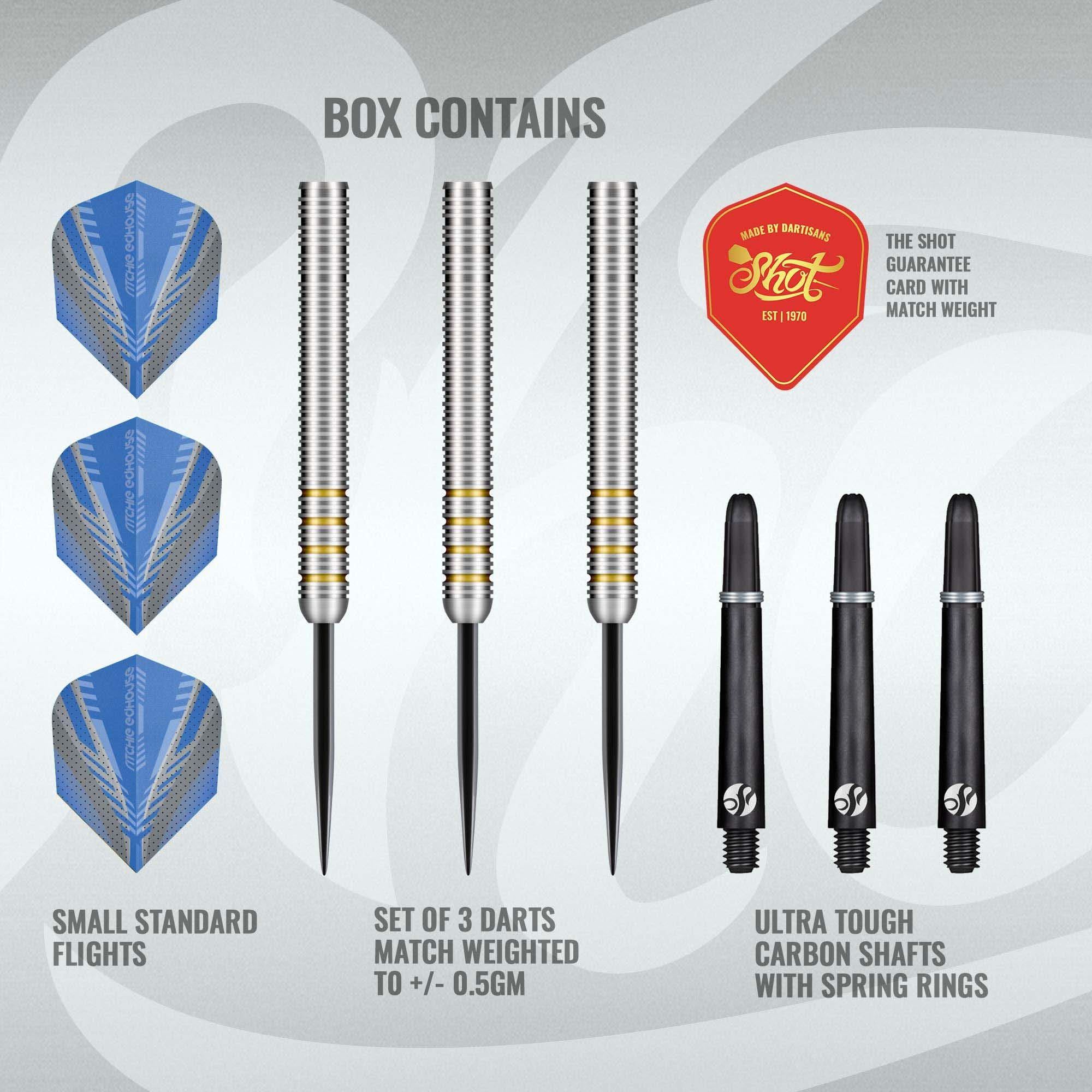 Shot Ritchie Edhouse Core Steel Darts Auf dem Bild sind die Shot Ritchie Edhouse Core Steeldarts zu sehen. Dieses Produkt ist speziell für Dartspieler entwickelt.