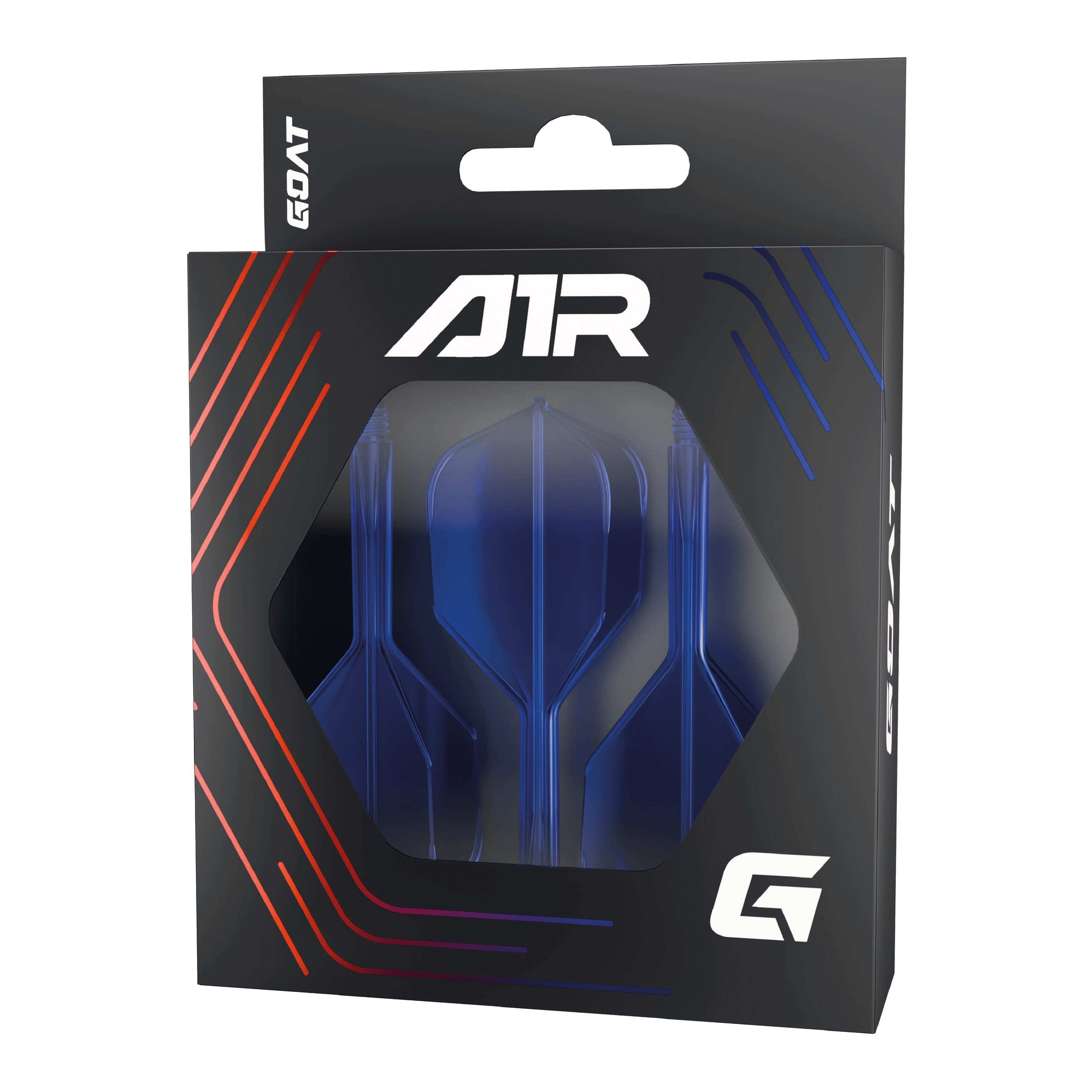 GOAT A1R No6 Flight Shaft System - Blauw Die Abbildung zeigt das Produkt "GOAT A1R No6 Flight-Shaft-System - Blau" in seiner Verpackung. Im Inneren sind blaue Dart-Flights und -Schäfte sichtbar.
