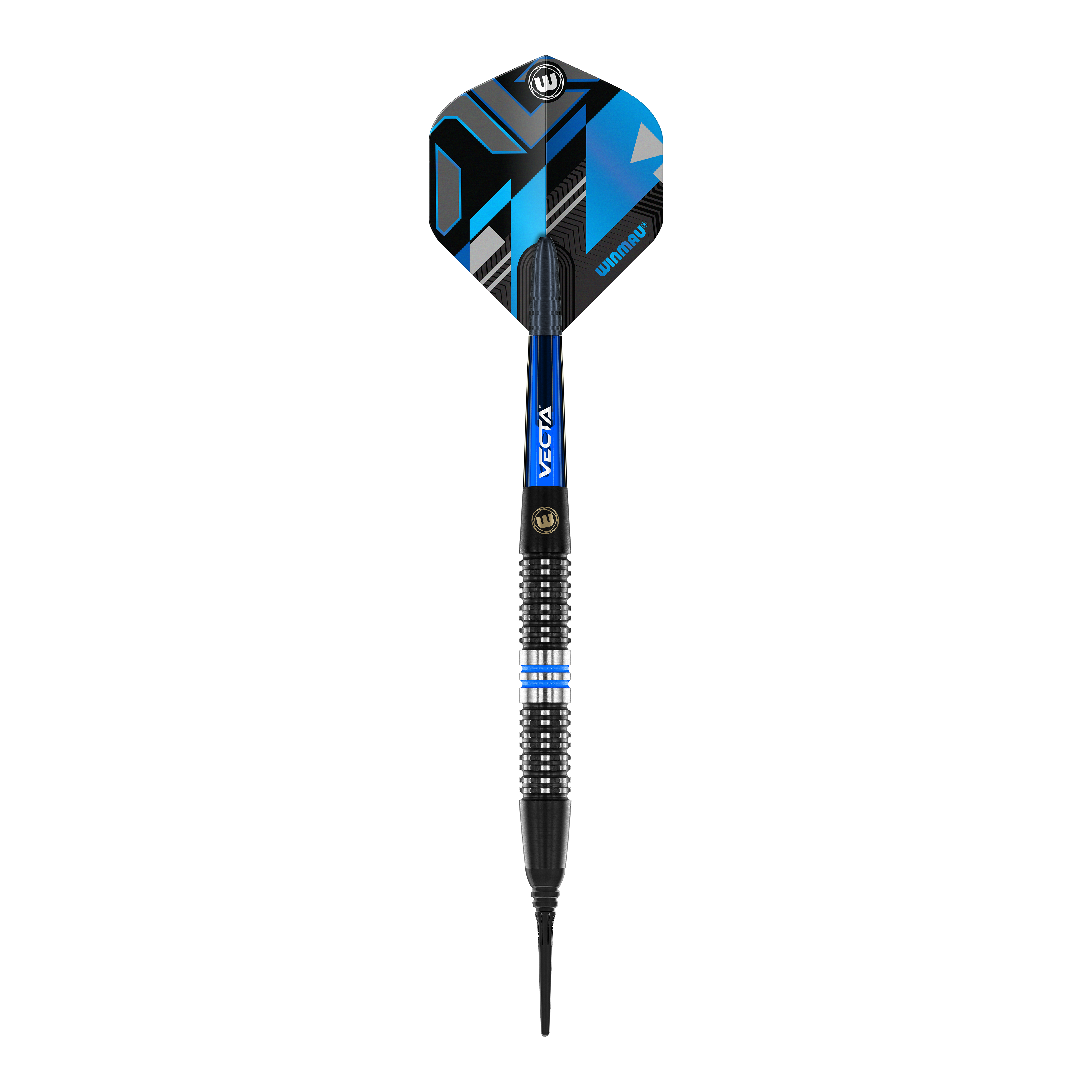 Winmau Galactics zachte darts - 20g Das Bild zeigt einen Winmau Galactics Softdart mit einem Gewicht von 20 Gramm. Der Dart hat schwarze, blaue und silberne Akzente sowie eine moderne, geometrische Flight-Gestaltung.