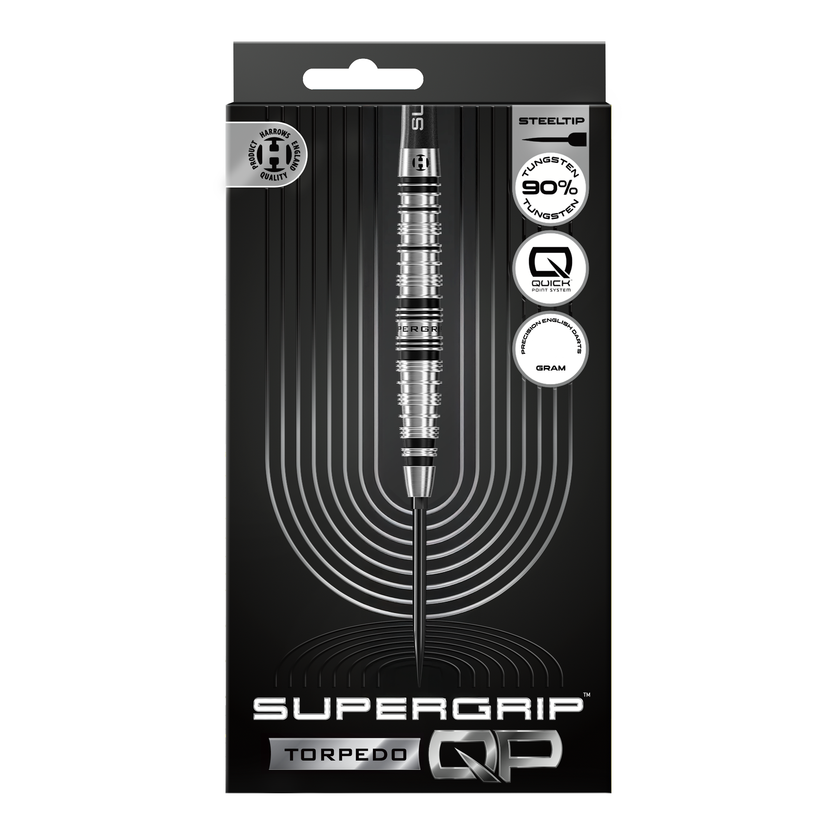 Harrows Supergrip Torpedo Quick Point stalen dartpijlen Hier werden die Harrows Supergrip Torpedo Quick Point Steeldarts dargestellt. Diese Darts sind robust und für hohe Performance beim Spielen geeignet.