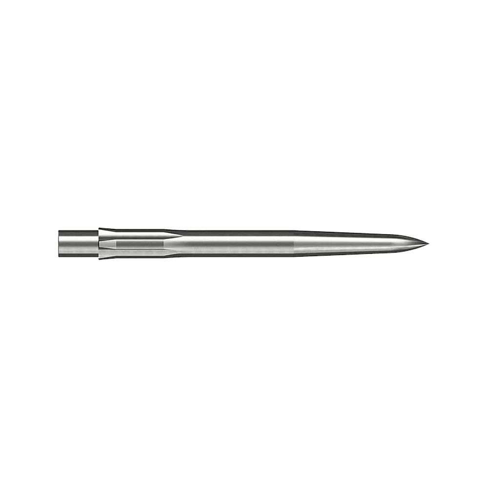Caliburn System Steel Dart Tips - Glad - Zilver Auf dem Bild ist eine glatte, silberne Stahlspitze für ein Dart zu sehen. Sie ist lang und schmal und misst 28 mm.