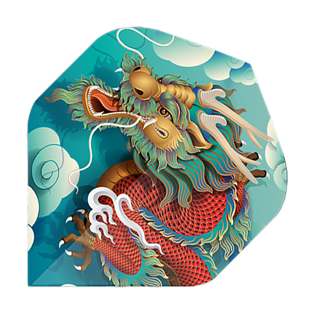 Pentathlon Vluchten Draak Das Bild zeigt ein Dart-Flight mit einem bunten Drachenmotiv auf blauem Hintergrund. Es handelt sich um das Produkt "Pentathlon Dragon 5 Standard Flights".