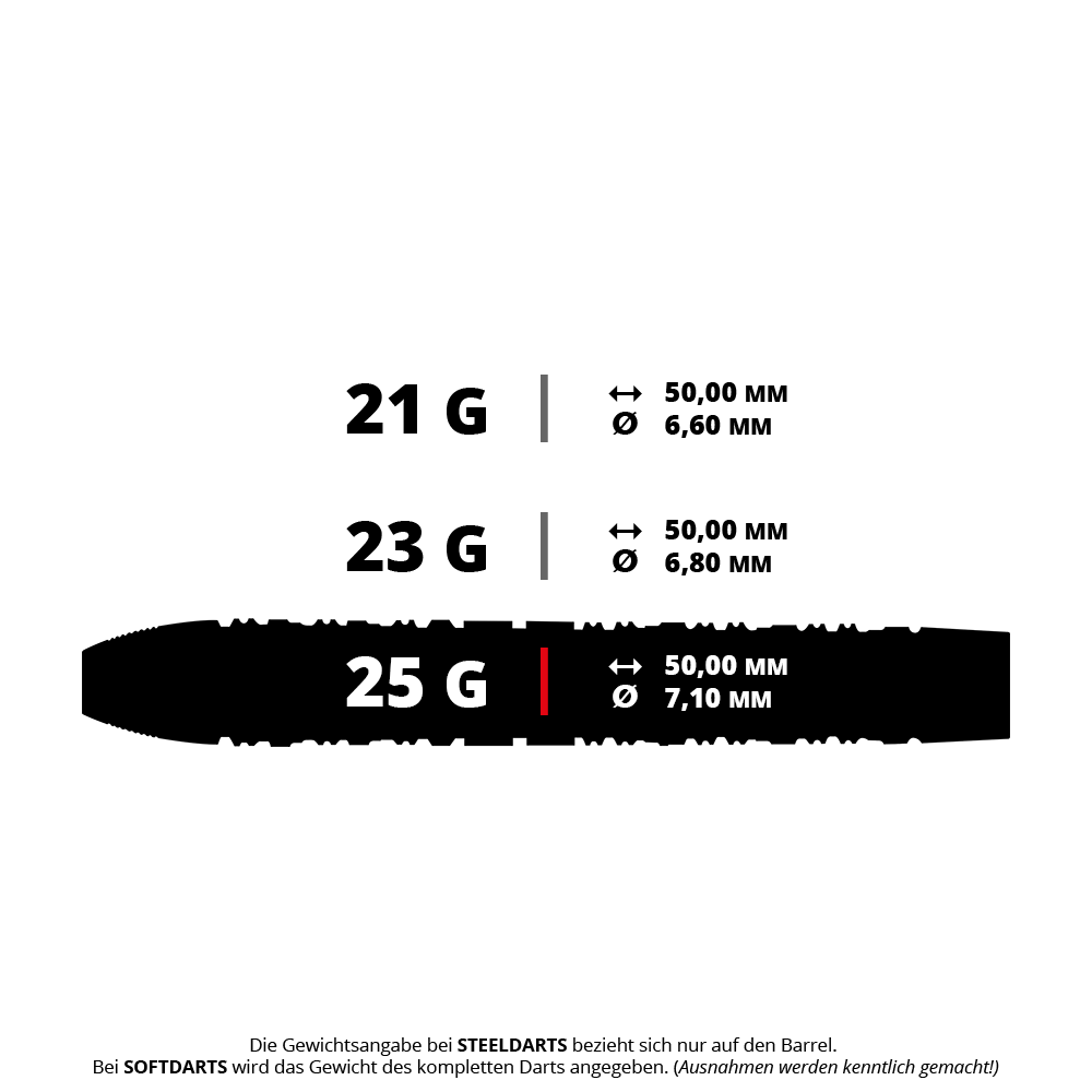 Harrow's Damon Heta Series 3 stalen darts Das Bild zeigt drei verschiedene Gewichtsoptionen für Steeldarts: 21 g, 23 g und 25 g, jeweils mit einer Länge von 50,00 mm. Der Durchmesser variiert zwischen 6,60 mm, 6,80 mm und 7,10 mm.