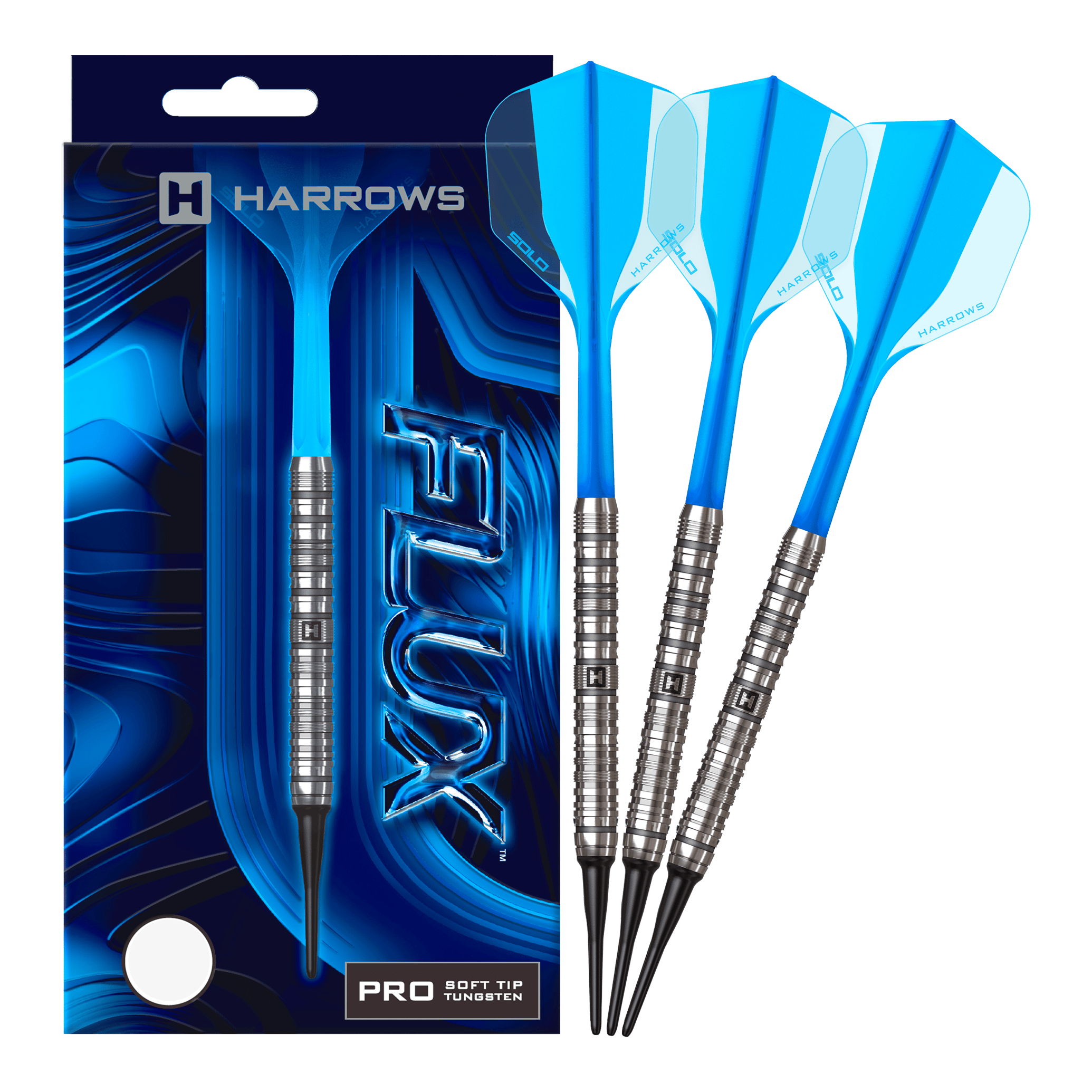 Harrows Flux Softdarts mit 20g werden voll abgebildet. Die Darts sind fein gearbeitet und elegant.