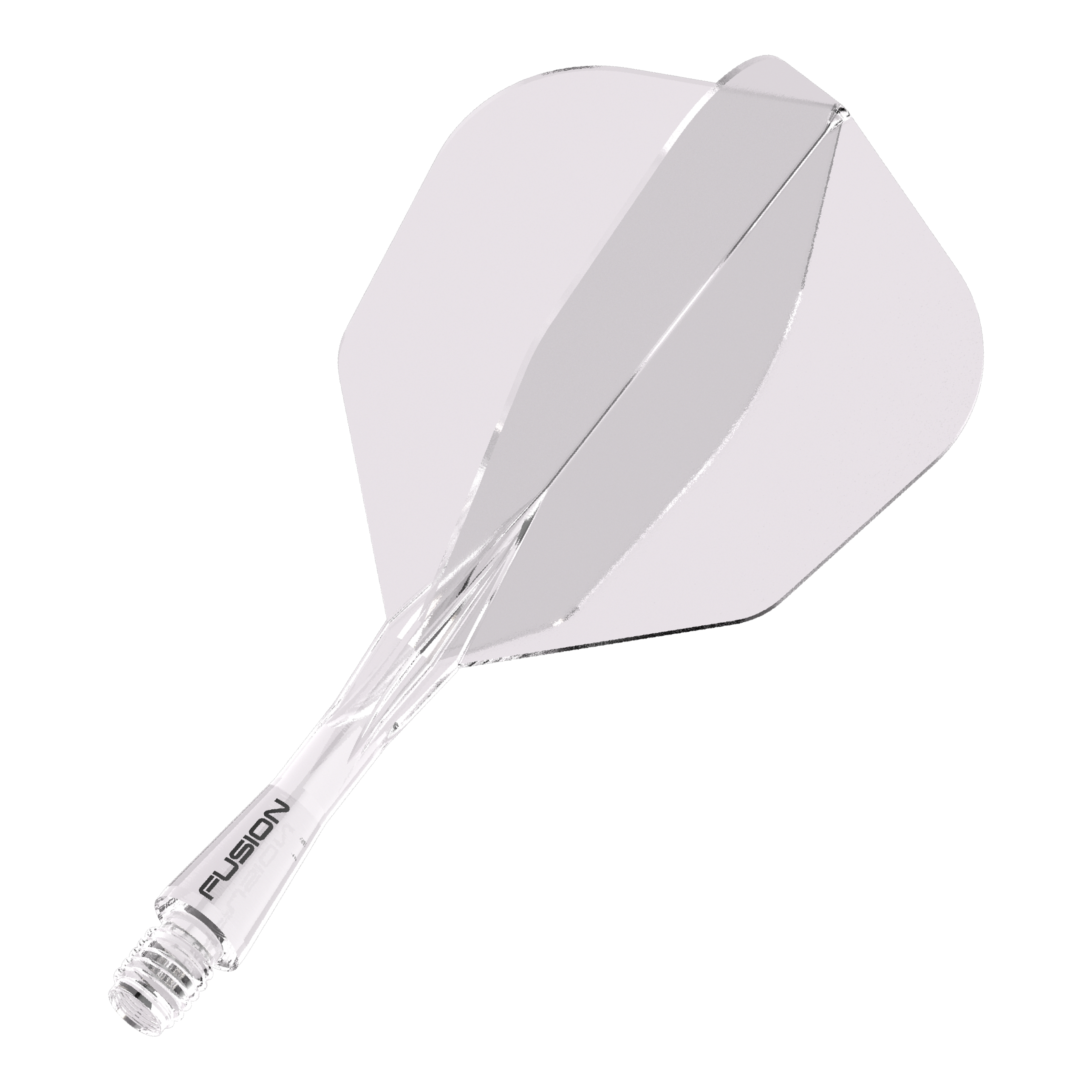 Das Bild zeigt das Produkt "Winmau Fusion Flight-Shaft-System No6 Clear". Es handelt sich um ein durchsichtiges Flight- und Schaftsystem für Dartpfeile.