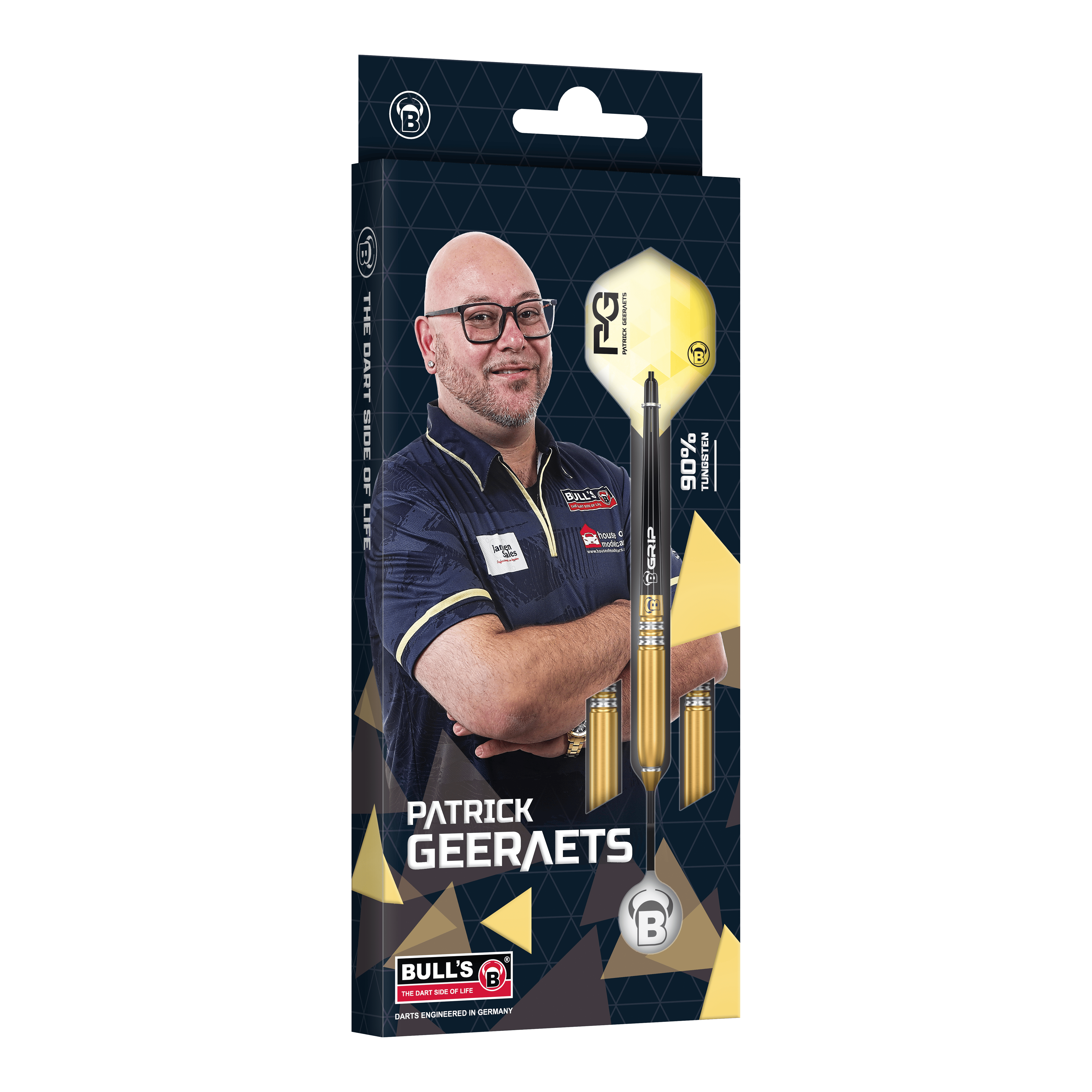 Bulls Patrick Geeraets Steeldarts - 23g Auf dem Bild ist die Verpackung der "Bulls Patrick Geeraets Steeldarts - 23g" zu sehen. Auf der Vorderseite ist ein Foto von Patrick Geeraets sowie ein abgebildarter Dartpfeil.