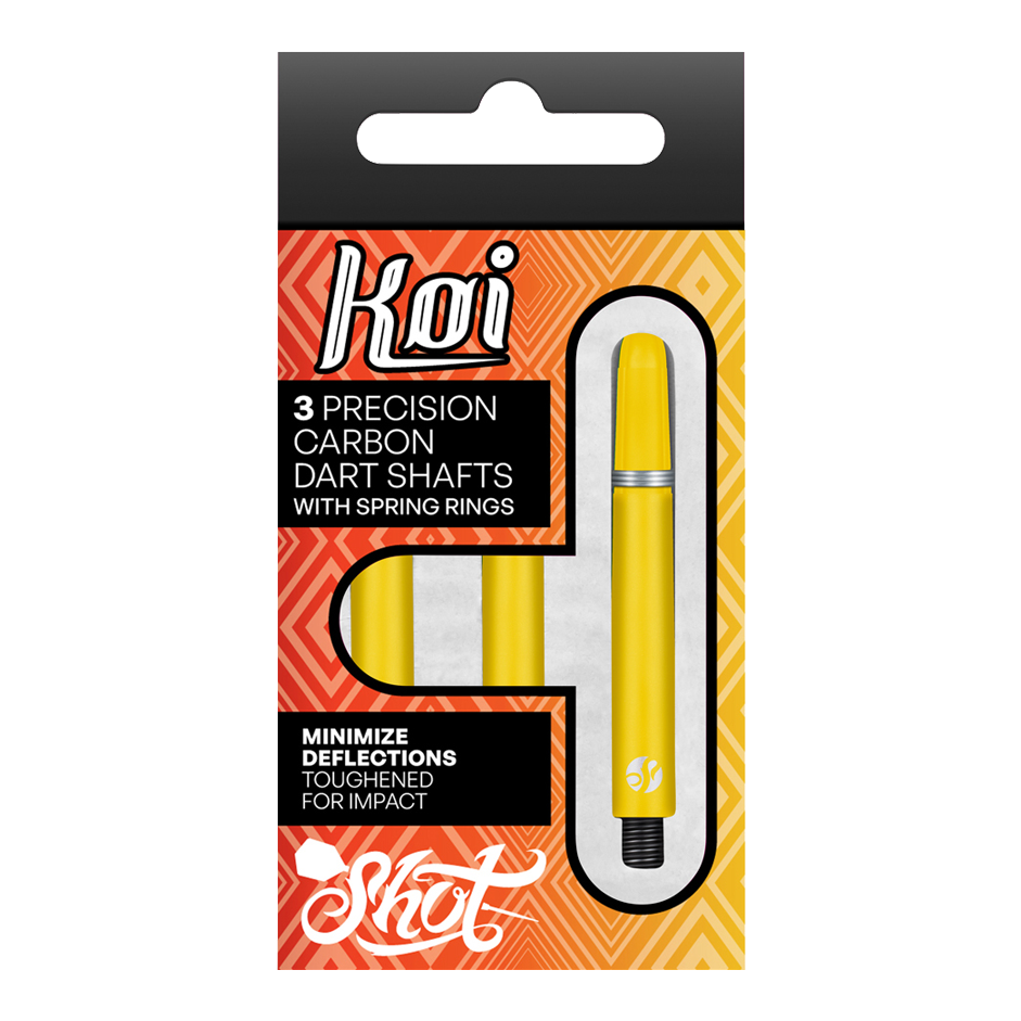 Shot Koi Carbon Shafts - Geel Das Bild zeigt eine Packung mit drei gelben Präzisions-Carbon-Dartschäften der Marke Koi. Die Verpackung betont, dass die Schäfte mit Federringen ausgestattet sind und dazu dienen, Ablenkungen zu minimieren.
