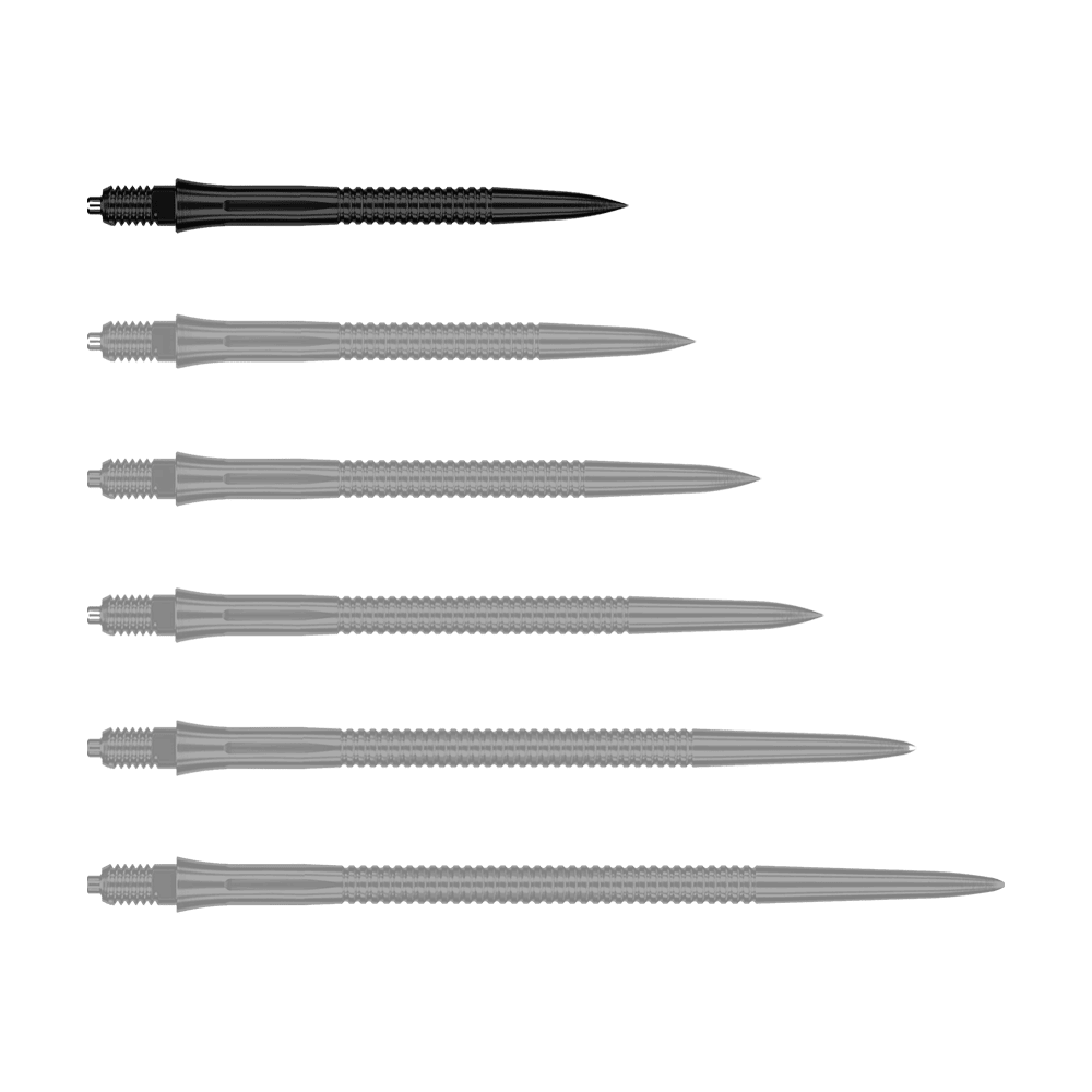 Caliburn EZ-EVO dartpunten - gegroefd - zwart Hier sieht man eine weitere EVO201 Caliburn EZ-EVO Dartspitze mit Rillen in Schwarz und einer Länge von 28 mm. Die Spitze ist speziell für Dartspieler geeignet.