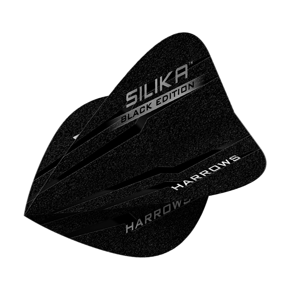Harrows Silika Black Edition vliegervluchten Das Bild zeigt die Harrows Silika Black-Edition Kite Flights. Die Flights sind schwarz mit silberner Schrift und haben ein modernes Design.