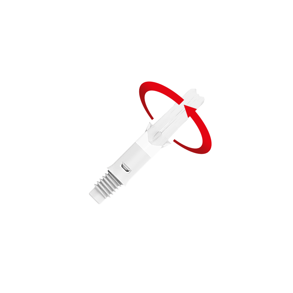 L-L-Style-Shafts Silent Straight - Wit Auf dem Bild ist ein transparenter Dart-Shaft zu sehen. Ein roter Pfeil um das obere Ende zeigt an, dass sich dieses Teil drehen kann.