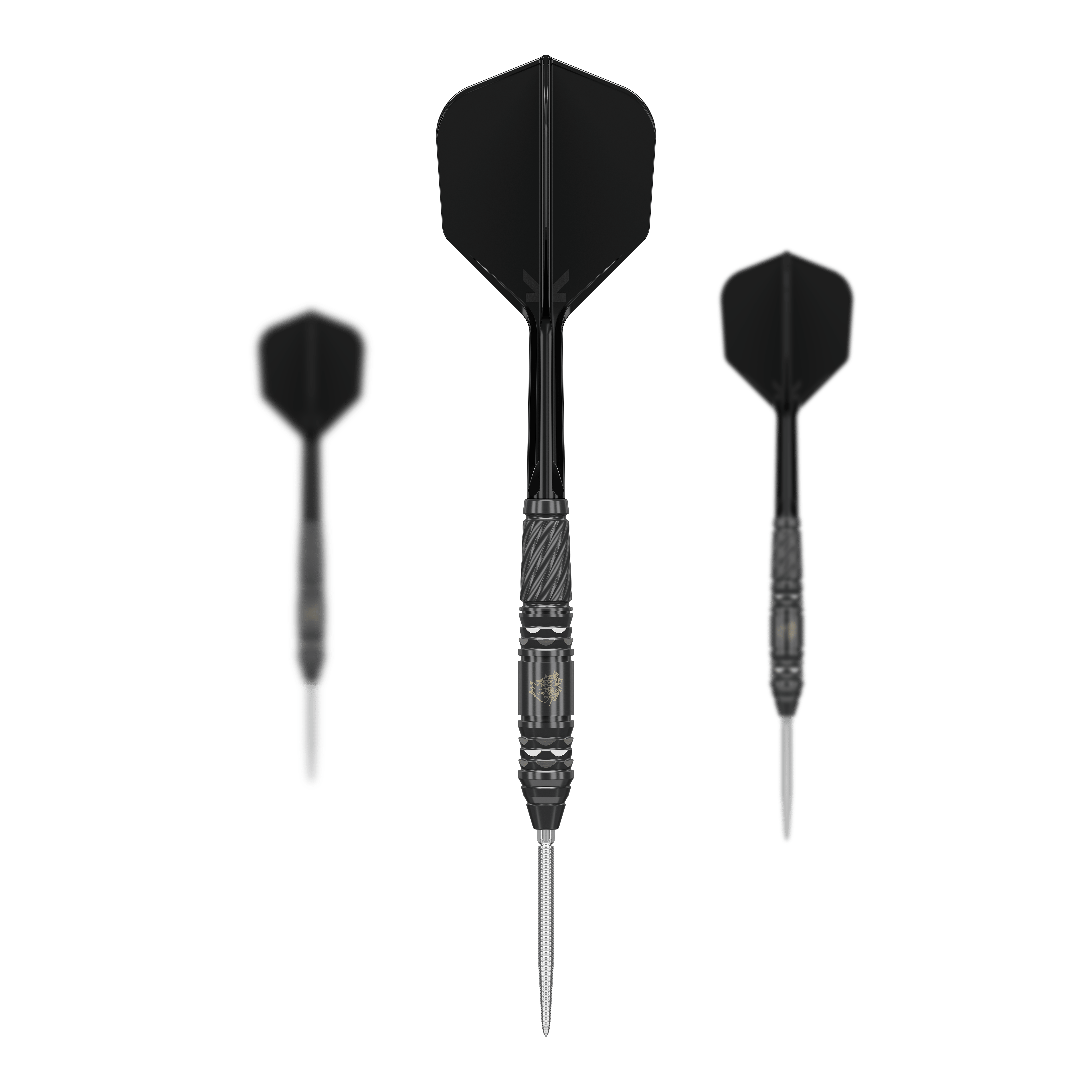 Target Japan Black Marque Dragon GEN2 Swiss Point Steel Darts Das Bild zeigt drei schwarze Steeldarts aus der Serie "Target Japan Black Marque Dragon GEN2 Swiss Point". Die Dartpfeile bestehen aus einem schwarzen Shaft, schwarzen Flights und einer silbernen Spitze.