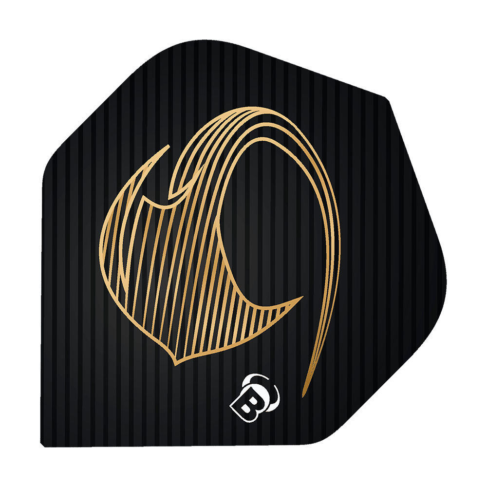 Bulls Metrixx Stingray No2 Standaard Vluchten Das Bild zeigt ein schwarzes Dart Flight mit einem goldenen, stilisierten Stingray-Design. Unten ist ein kleines weißes "B" Logo abgebildet.