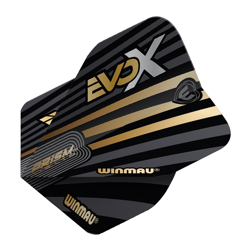 Winmau Prism Delta MvG Evo-X No2 Standaardvluchten Das Bild zeigt die Winmau Prism Delta MvG Evo-X No2 Standard Flights. Die Flights sind schwarz-gold gestaltet und mit den Aufschriften "EVO X", "WINMAU" und "PRISM DELTA" versehen.