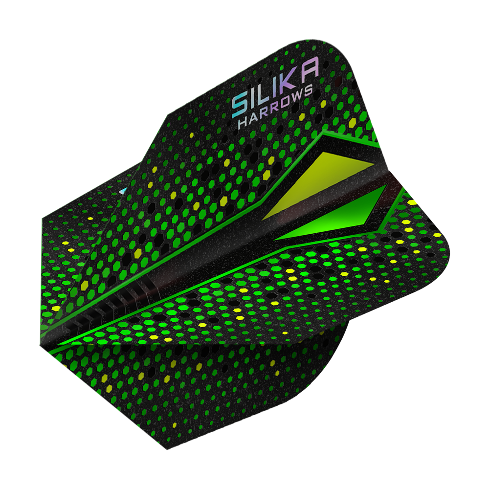 Harrows Silika Colorshift sterke kristallijne coating Green-X No6 Flights Das Bild zeigt einen grünen Dartflight mit auffälligem Punktmuster und dem Aufdruck „SILIKA HARROWS“. Die Oberfläche hat eine schimmernde, kristallähnliche Beschichtung.