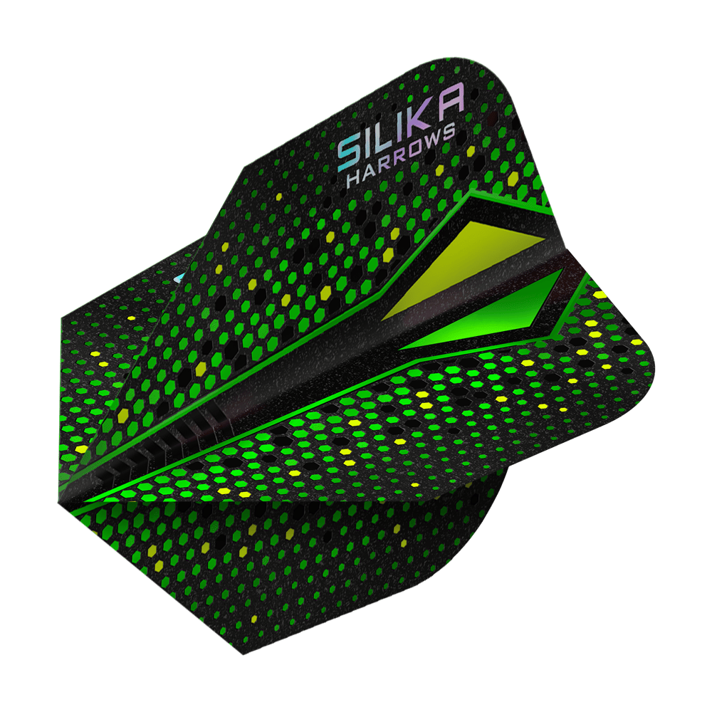 Harrows Silika Colorshift sterke kristallijne coating Green-X No6 Flights Die Abbildung zeigt die Harrows Silika Colourshift Tough Crystalline Coating Green-X No6 Flights. Das Produkt hebt sich durch ein farbiges Design hervor.