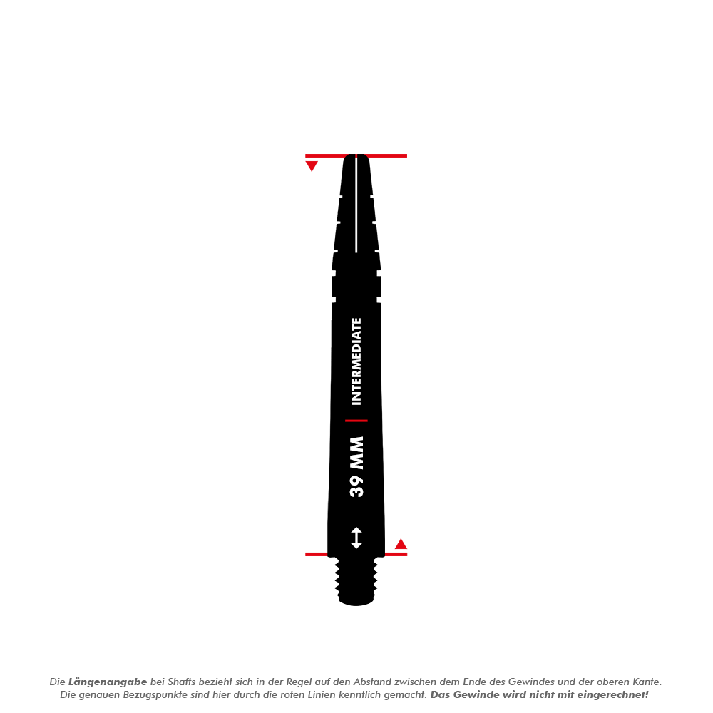 C802_Red_Dragon_Nitrotech_Peter_Wright_White_Blue_Shafts_5_39mmsE6oryn6e4ZWS Das Bild zeigt einen Dart-Schaft mit der Aufschrift "39 MM INTERMEDIATE". Die roten Linien markieren die gemessene Länge von 39 mm ohne das Gewinde.