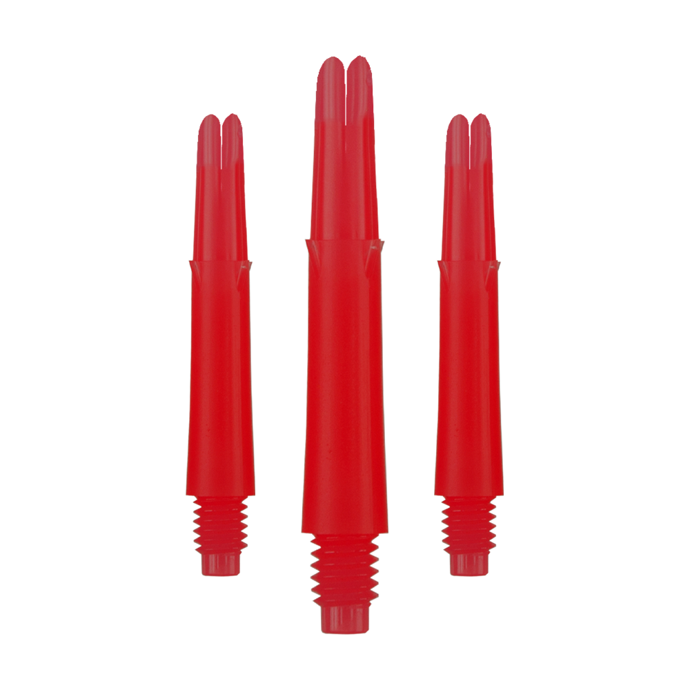 L-L-Style-Shafts Locked Straight - Rood Auf dem Bild sind drei rote, gerade Dartschäfte zu sehen. Sie haben ein Schraubgewinde am unteren Ende und sind jeweils 32 mm lang.
