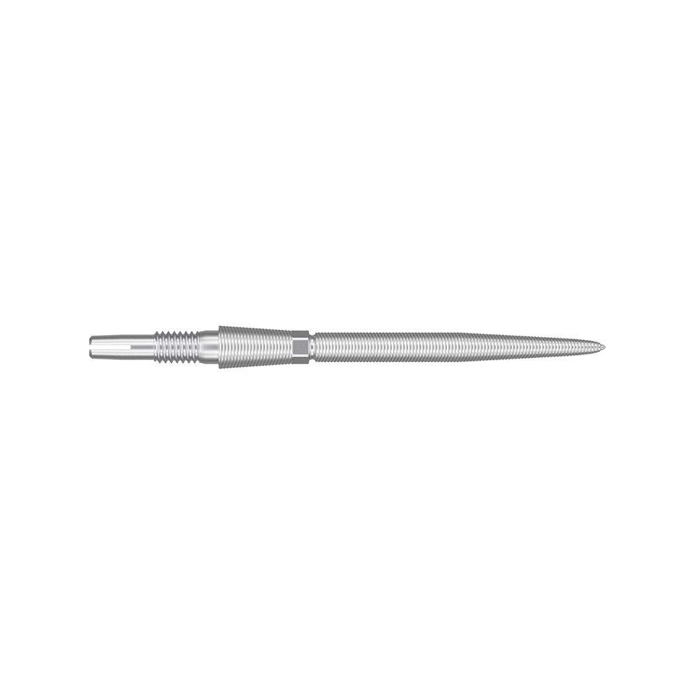 340081_Target_Swiss_Storm_Nano_Point_Dartspitzen_Silber_30mm_2 Dies ist eine silberne Dartspitze mit feinen Rillen. Sie ist schmal und hat eine spitz zulaufende Form.