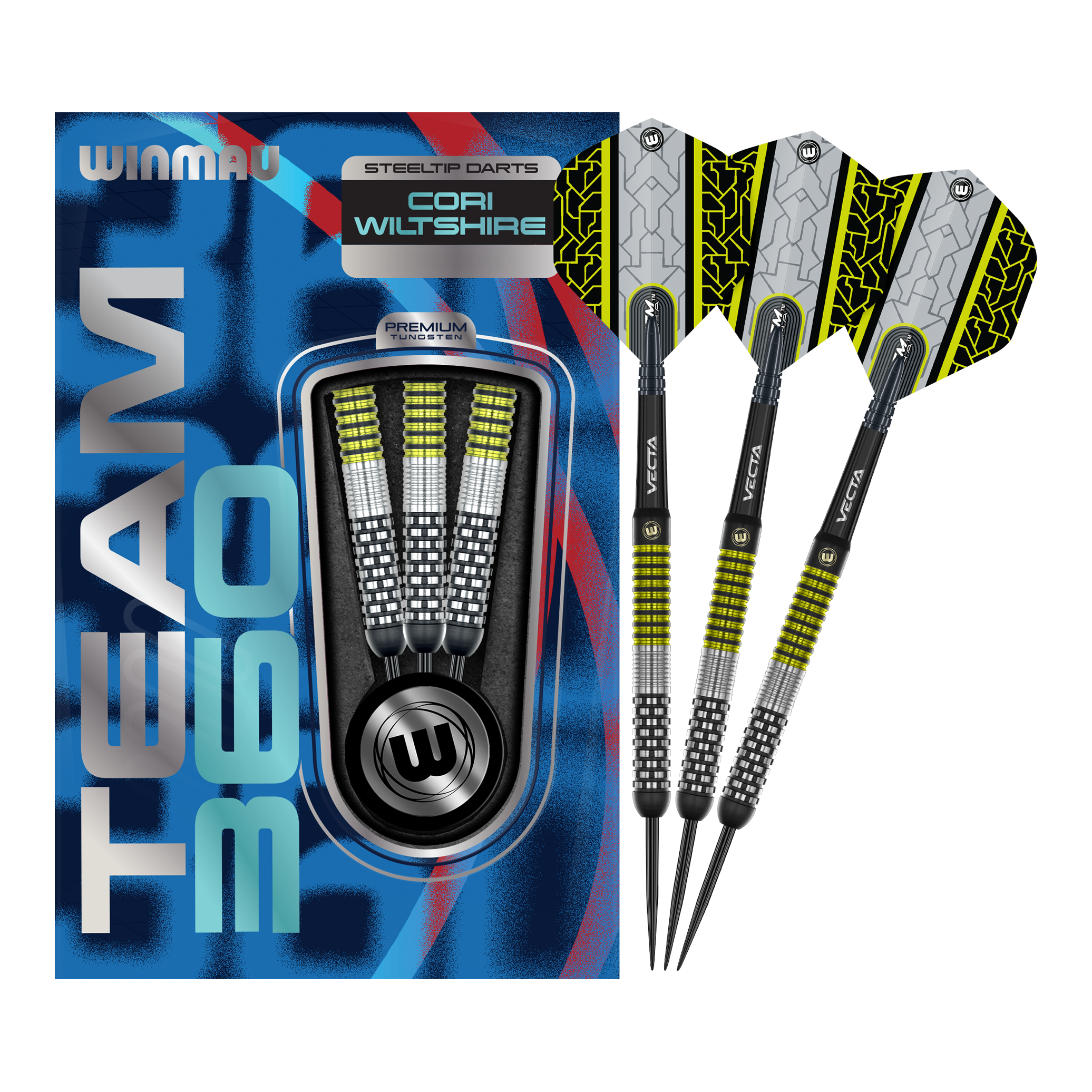 Das Bild zeigt die Winmau Team 360 Cori Wiltshire Steeldarts mit 24 Gramm. Diese hochwertigen Steeldarts sind für professionelle Dartspieler geeignet.