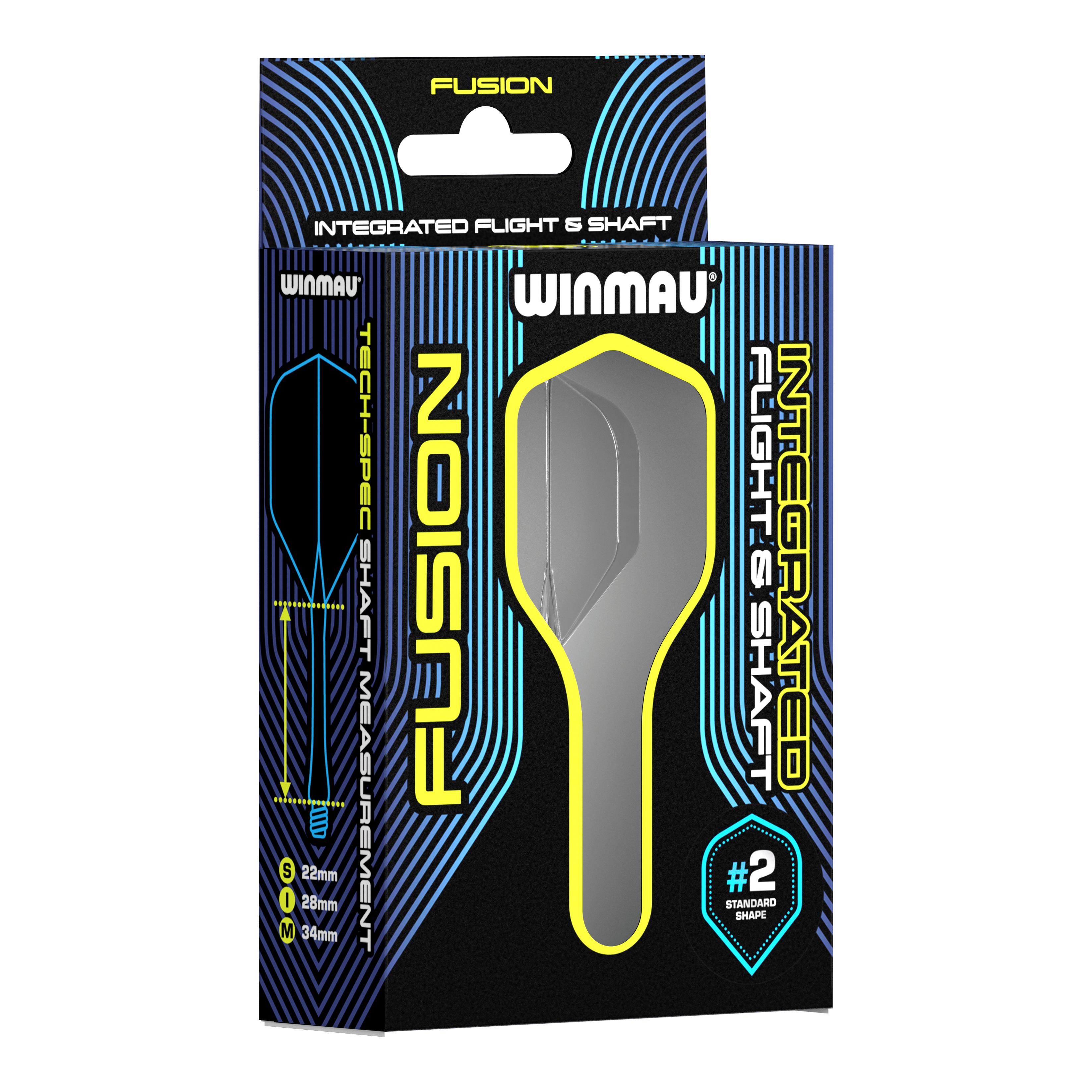 Winmau Fusion Flight Shaft System Standaard Smokey Auf dem Bild ist eine Verpackung des Winmau Fusion Integrated Flight & Shaft Systems zu sehen. Das Produkt hat die Größe 22 mm und ist in der Farbe "Smokey" erhältlich.