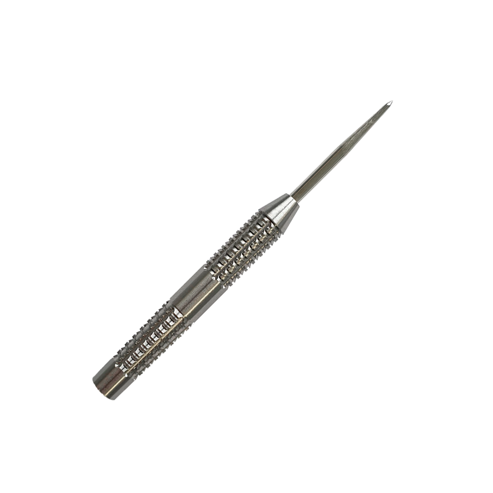 McDart SilverGrip Steeldart-vaten Das Bild zeigt einen silbernen Steeldart-Barrel mit feinem Rillenmuster für besseren Halt. Es handelt sich um das Produkt "McDart SilverGrip Steeldart Barrels".