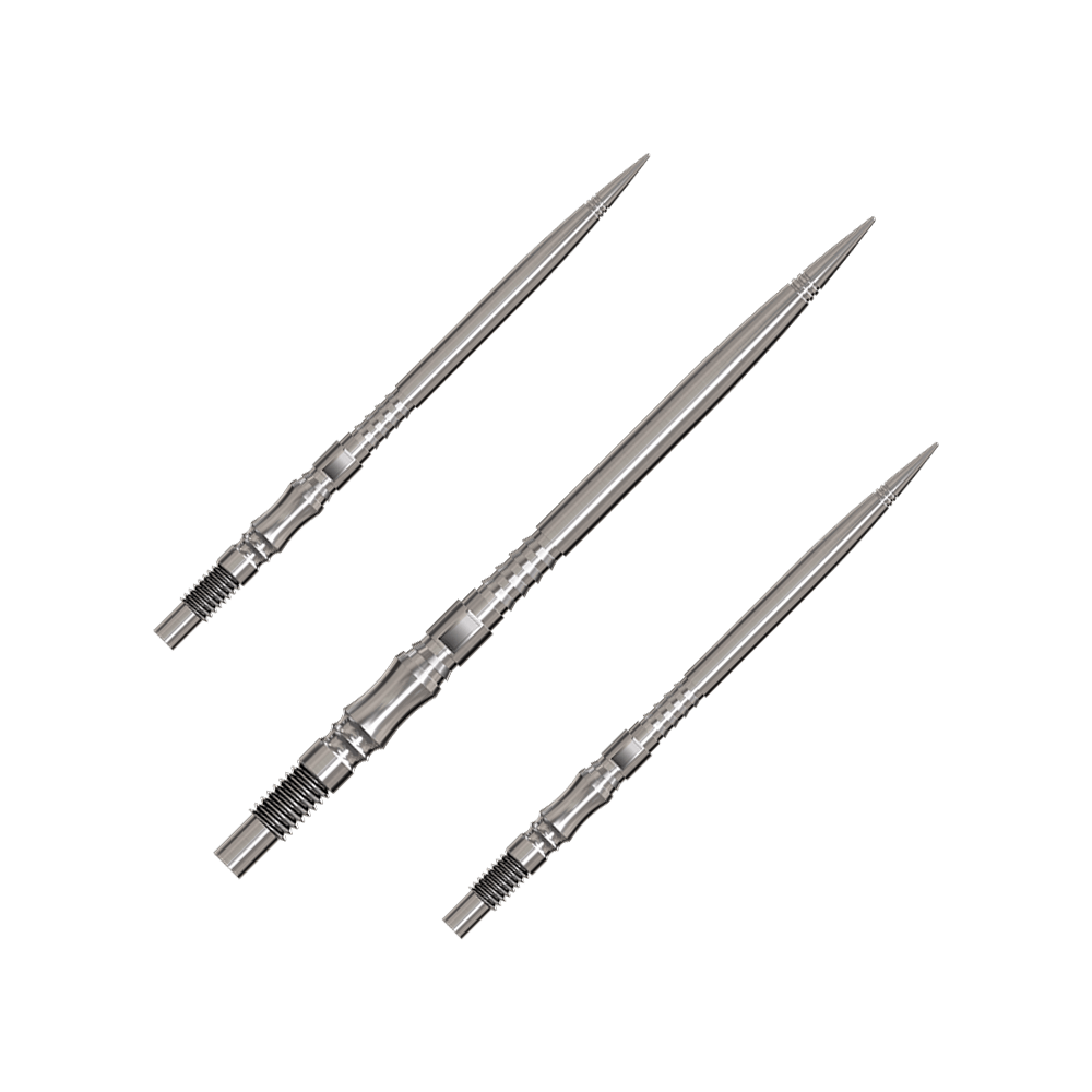 Harrows Quick Point Axis Elite Series Dartspitzen - Silber Axis Silver Elite Serie Dartspitzen in 40mm werden gezeigt. Die Spitzen sind silberfarben.