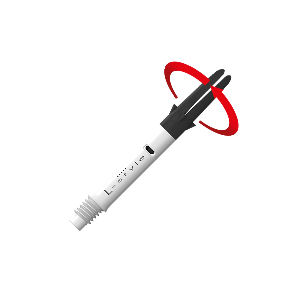 L-L-Style-Shaft Carbon Silent Straight - Wit Das Bild zeigt einen weißen und schwarzen Dartshaft mit der Aufschrift "L-style". Ein roter Pfeil deutet auf eine Drehbewegung an der oberen schwarzen Spitze des Schafts hin.