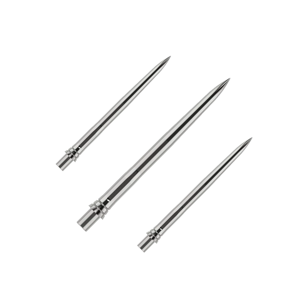 Caliburn EVO dartpunten - Glad - Zilver Das Bild zeigt silberne Dartspitzen mit einer glatten Oberfläche, wahrscheinlich aus Metall. Die Dartspitzen sind 28mm lang und werden als Set präsentiert.