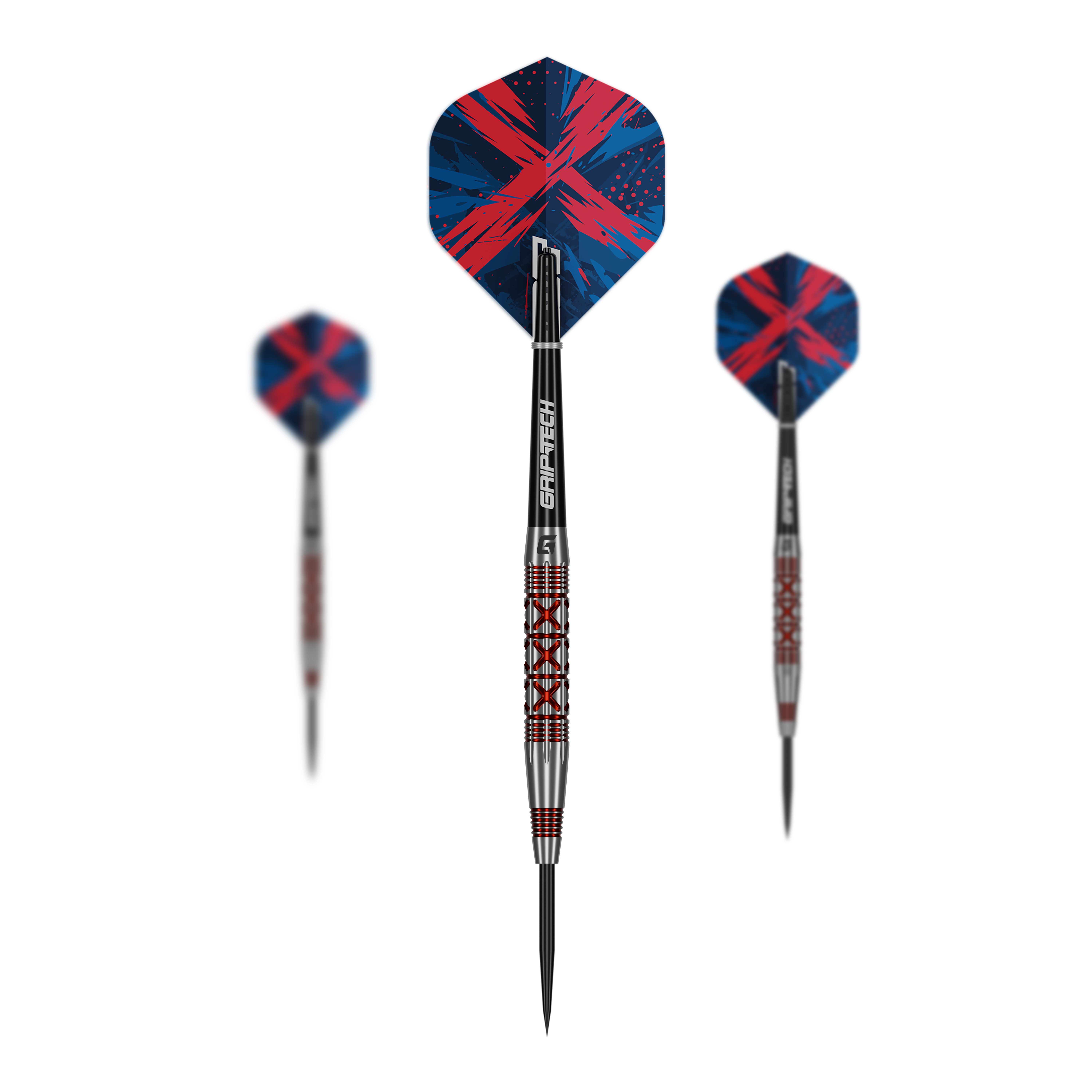 GOAT slaat met stalen dartpijlen Dieses Bild stellt das Set der GOAT Strikes Steeldarts dar. Es zeigt mehrere Darts zusammen als Set.