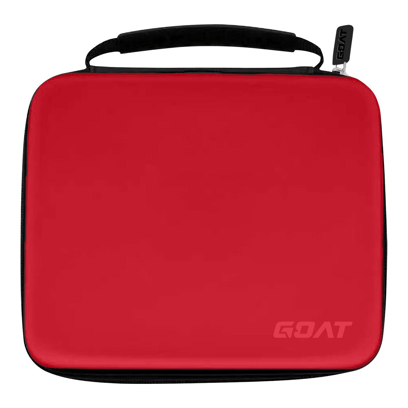 Das Bild zeigt ein rotes Etui mit schwarzem Griff und Reißverschluss. In der unteren rechten Ecke steht das Wort „GOAT“.