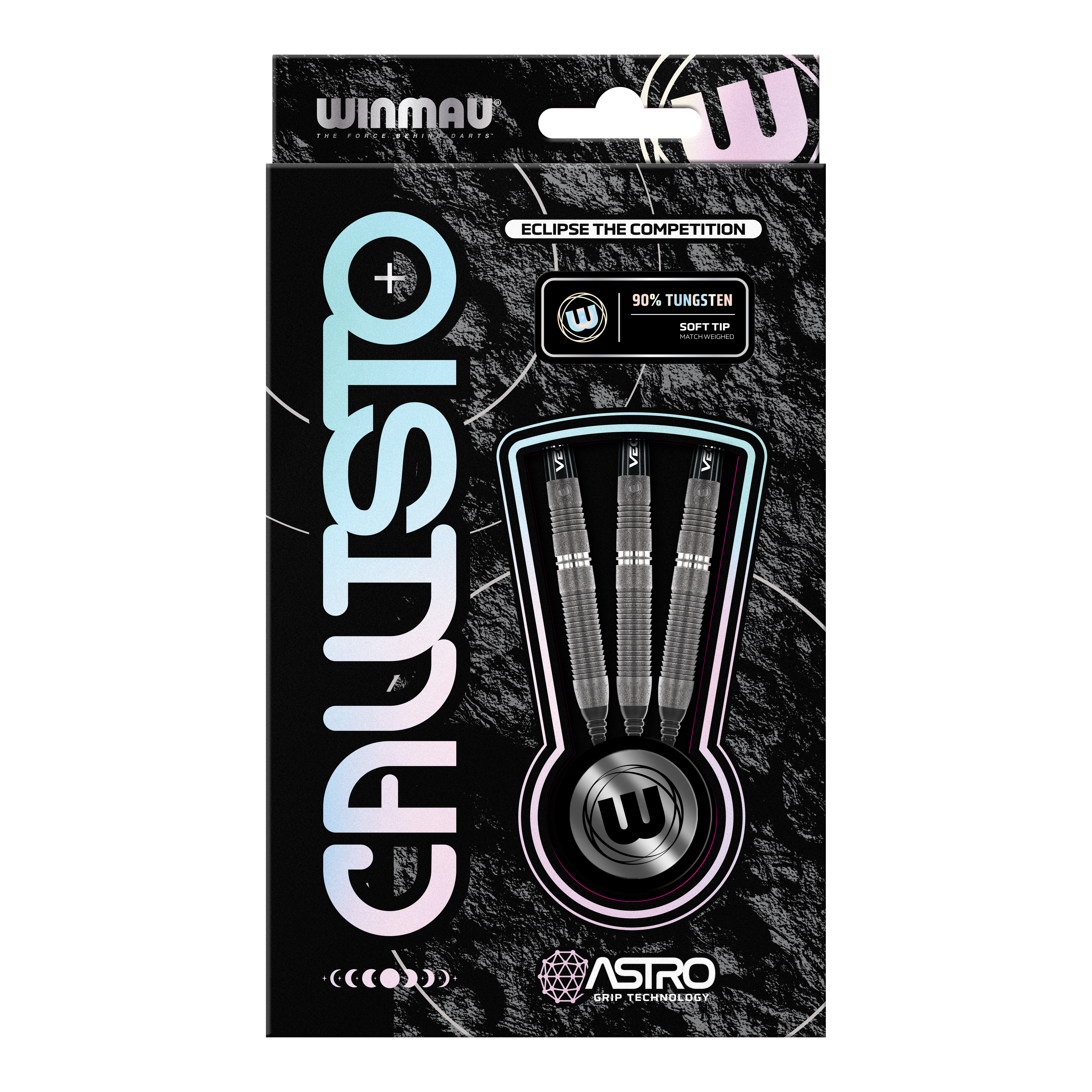 Die Abbildung zeigt die Verpackung der Winmau Callisto 03 Softdarts mit einem Gewicht von 20 g. In der Schachtel sind drei schwarze Darts mit 90 % Tungsten und Softtip sichtbar.