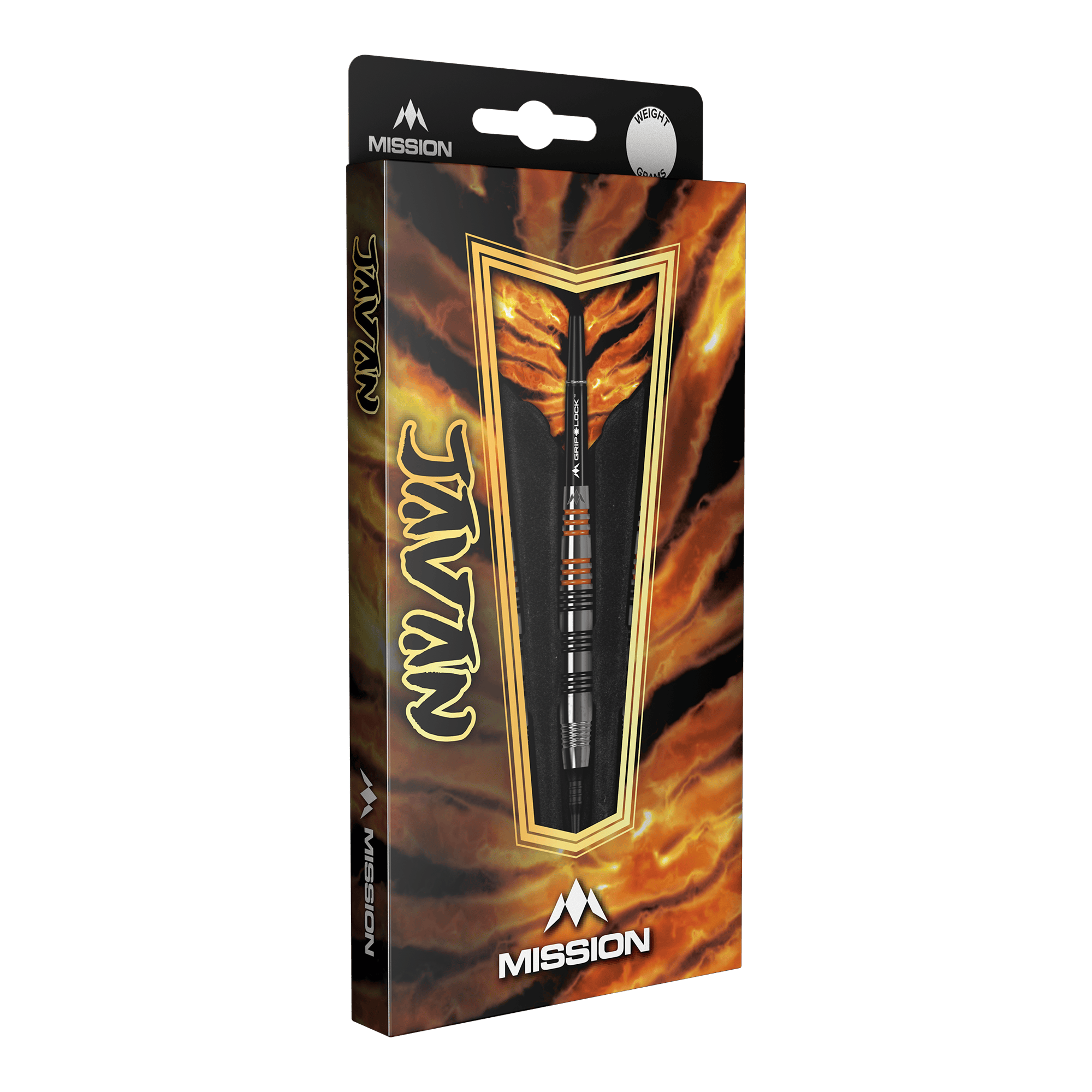 Mission Javan Brass Soft Darts - 18g Die Abbildung zeigt die Verpackung der "Mission Javan Brass Softdarts - 18g". Die Verpackung ist auffällig gestaltet und zeigt einen einzelnen Dartpfeil durch ein Sichtfenster.